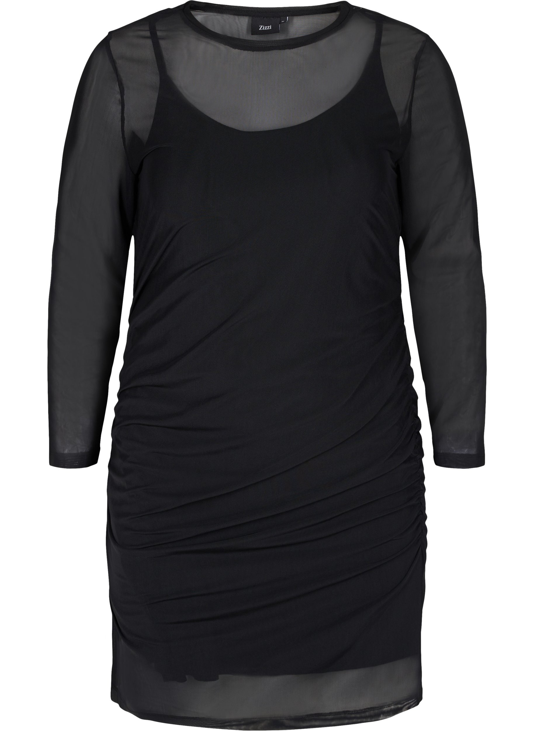 Tætsiddende mesh kjole med 3/4 ærmer, Black