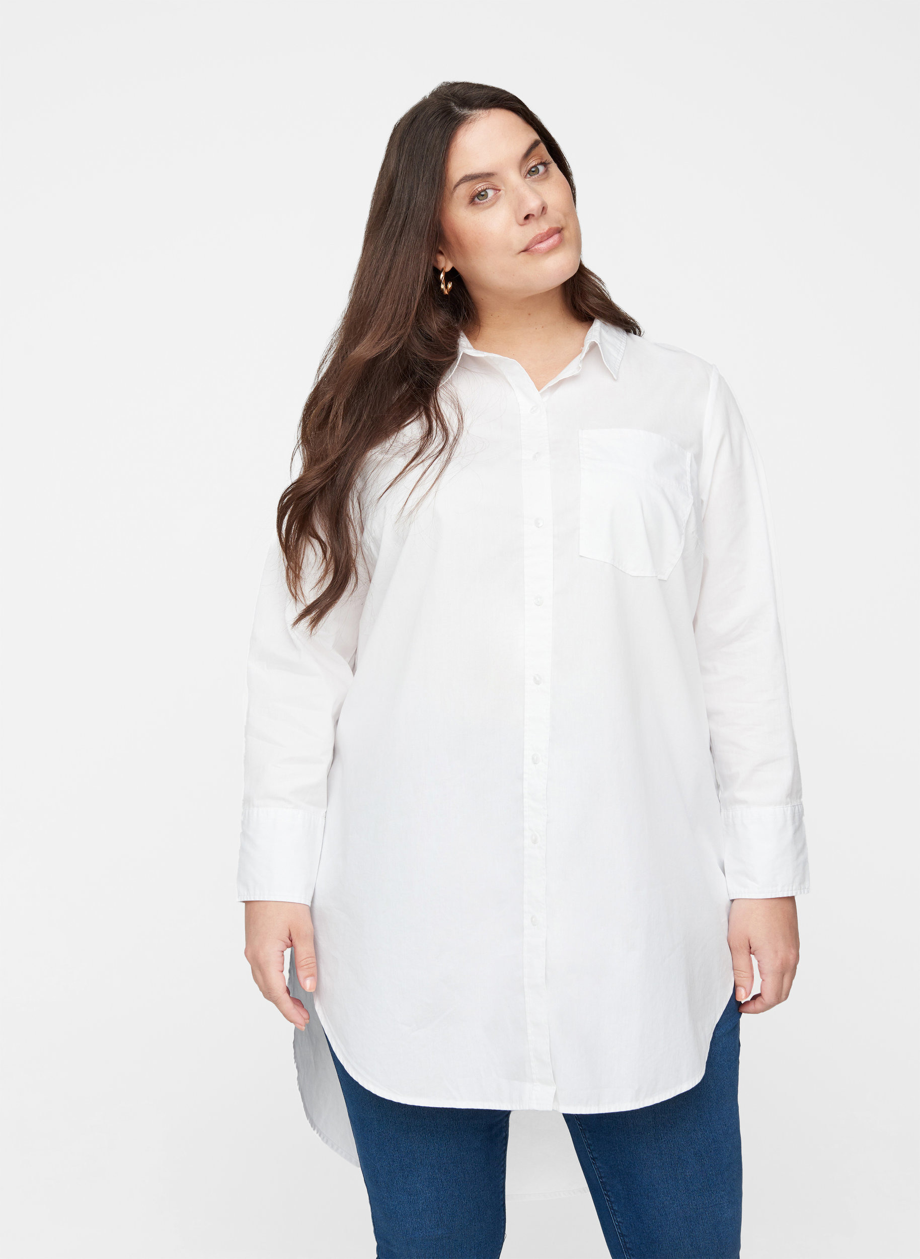 Lang bomulds skjorte med brystlomme, White, Model image number 0