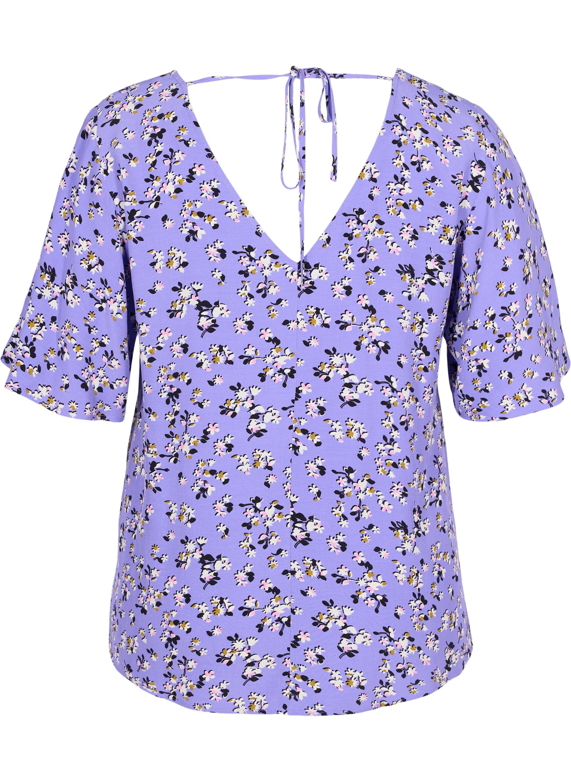Blomstret viskose bluse med snøredetalje, Lilac Flower Print, Packshot image number 1