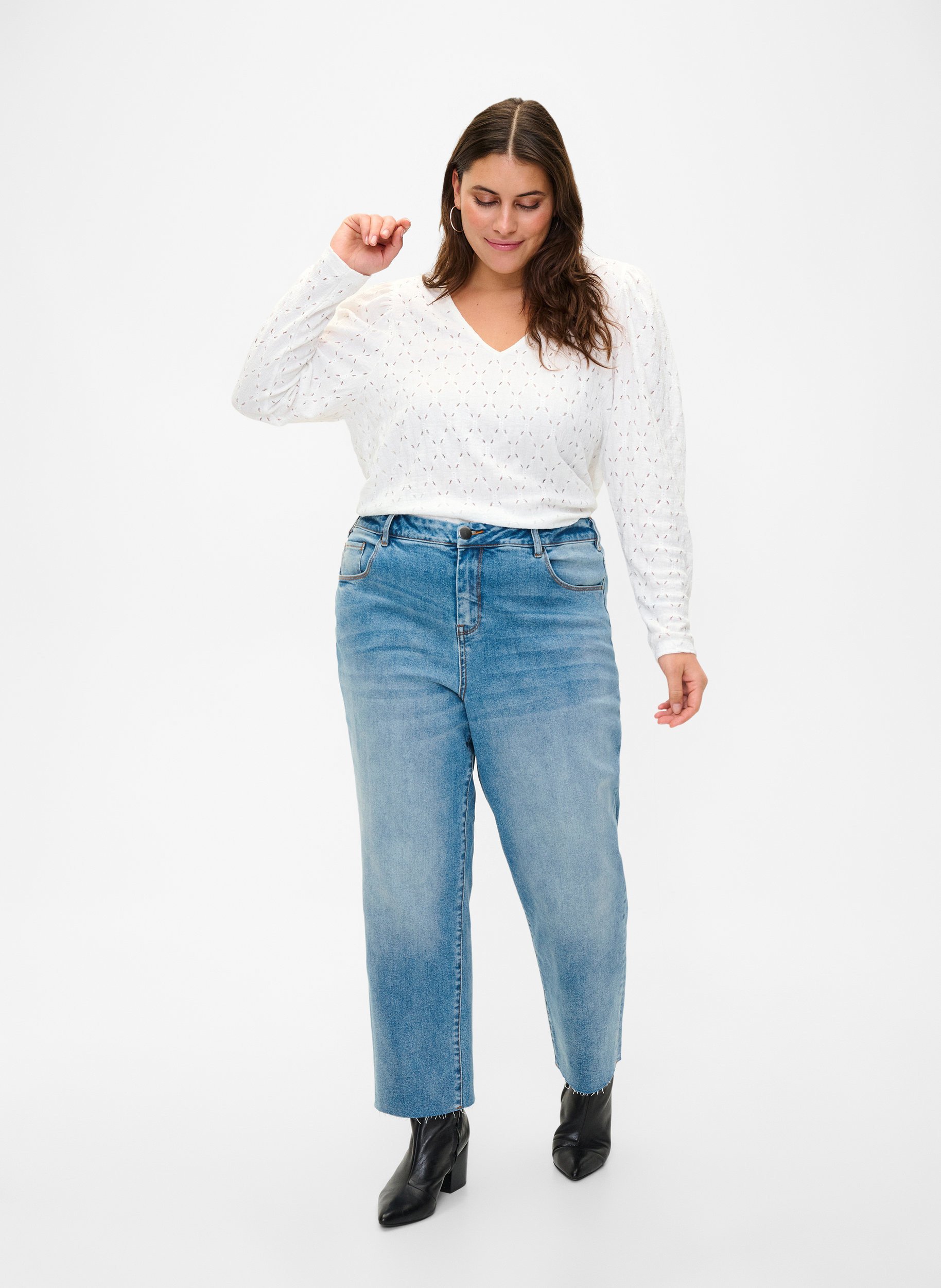 7/8 jeans med rå kanter og høj talje, Light blue denim, Model image number 0