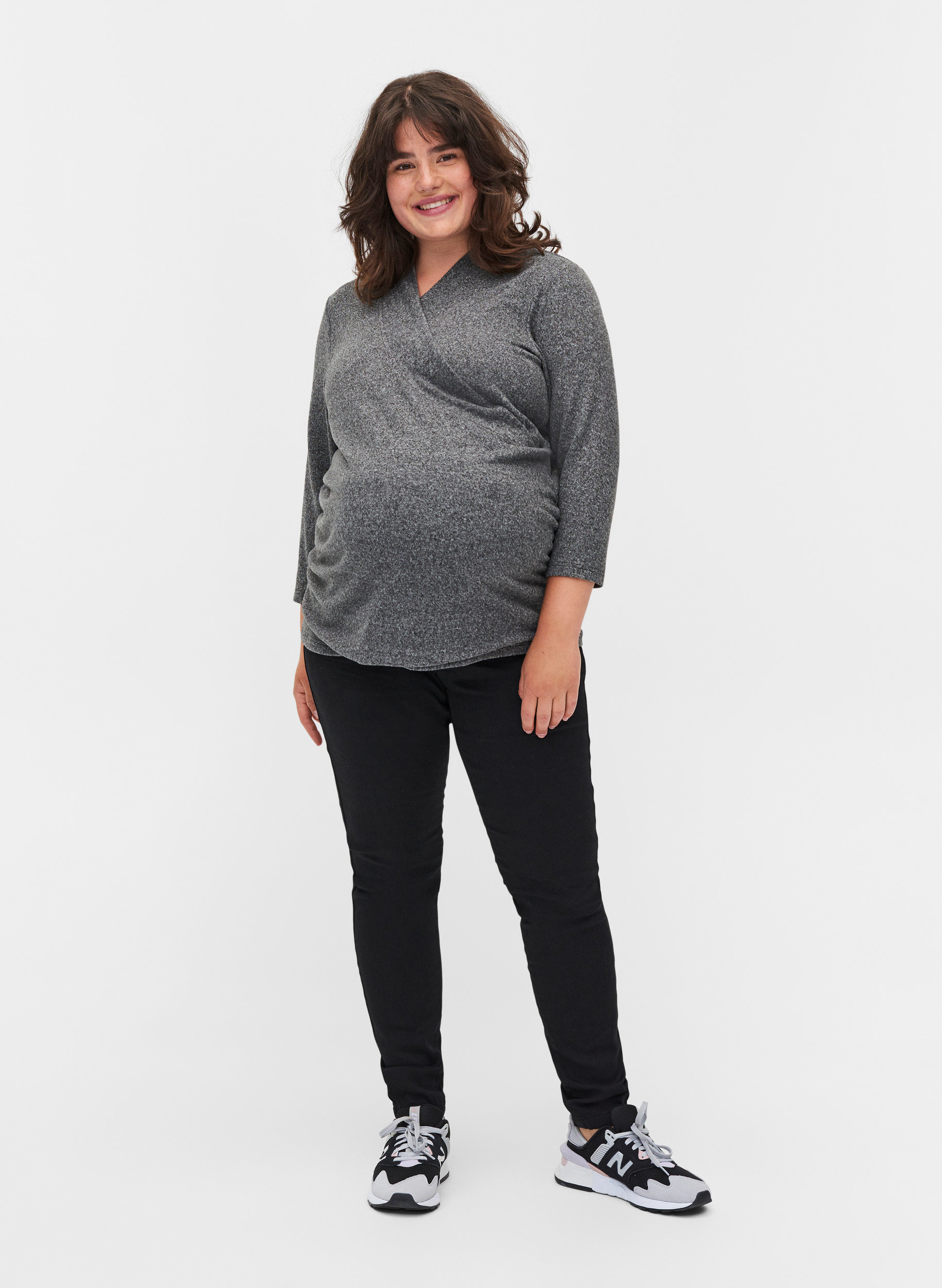 Graviditets bluse med 3/4 ærmer og v-udskæring, Dark Grey Melange, Model image number 2