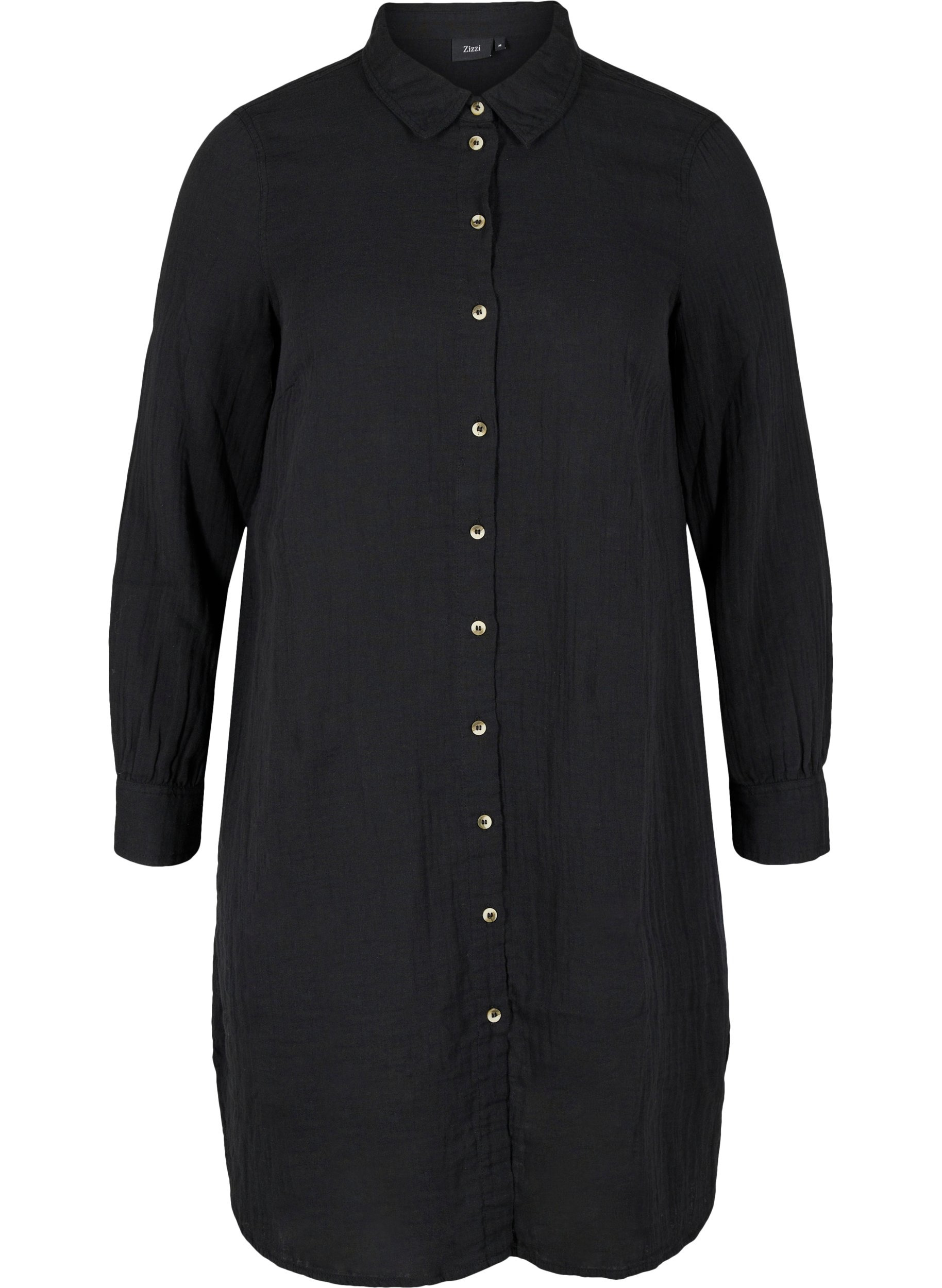 Lang bomulds skjorte med en klassisk  krave, Black, Packshot image number 0