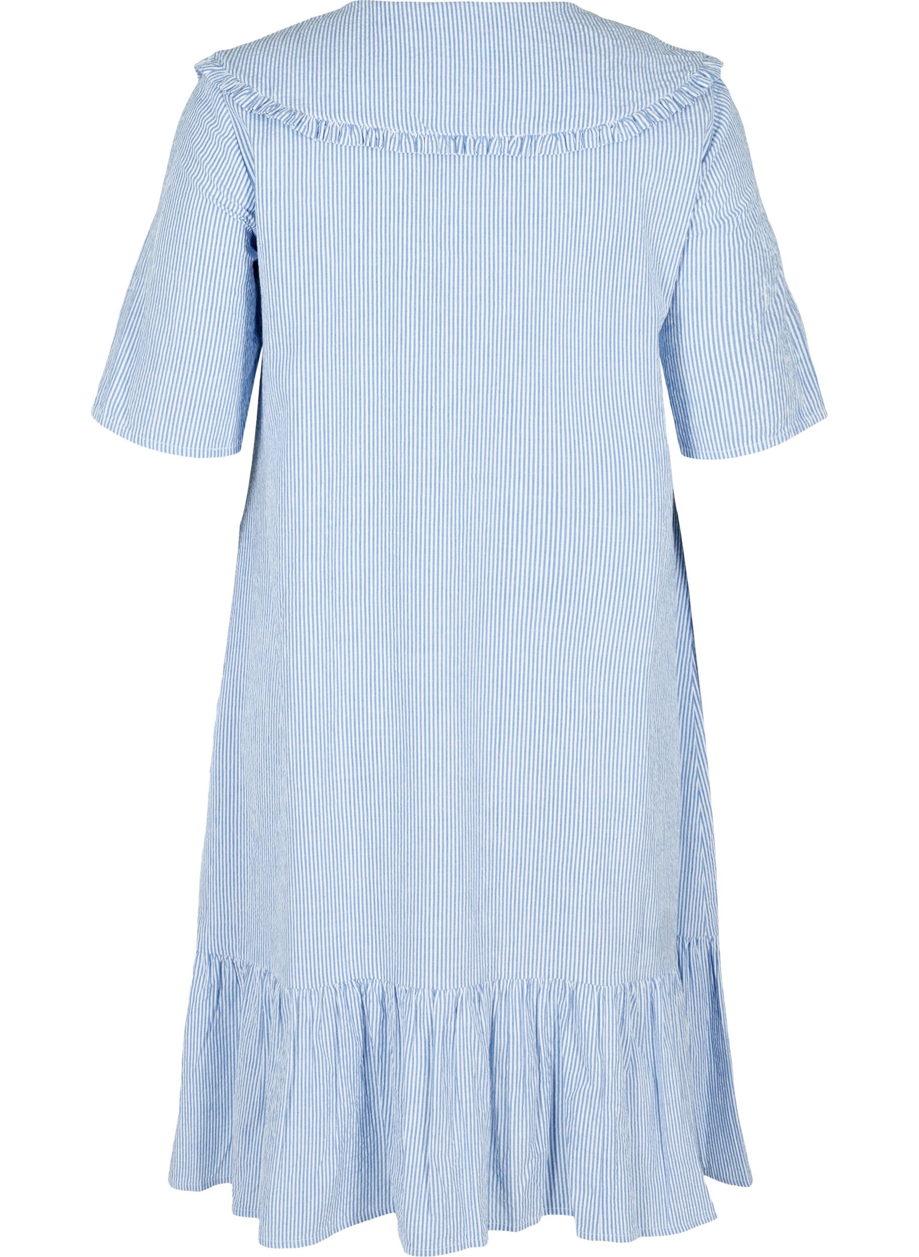 Kortærmet bomulds kjole med striber, Blue Stripe, Packshot image number 1