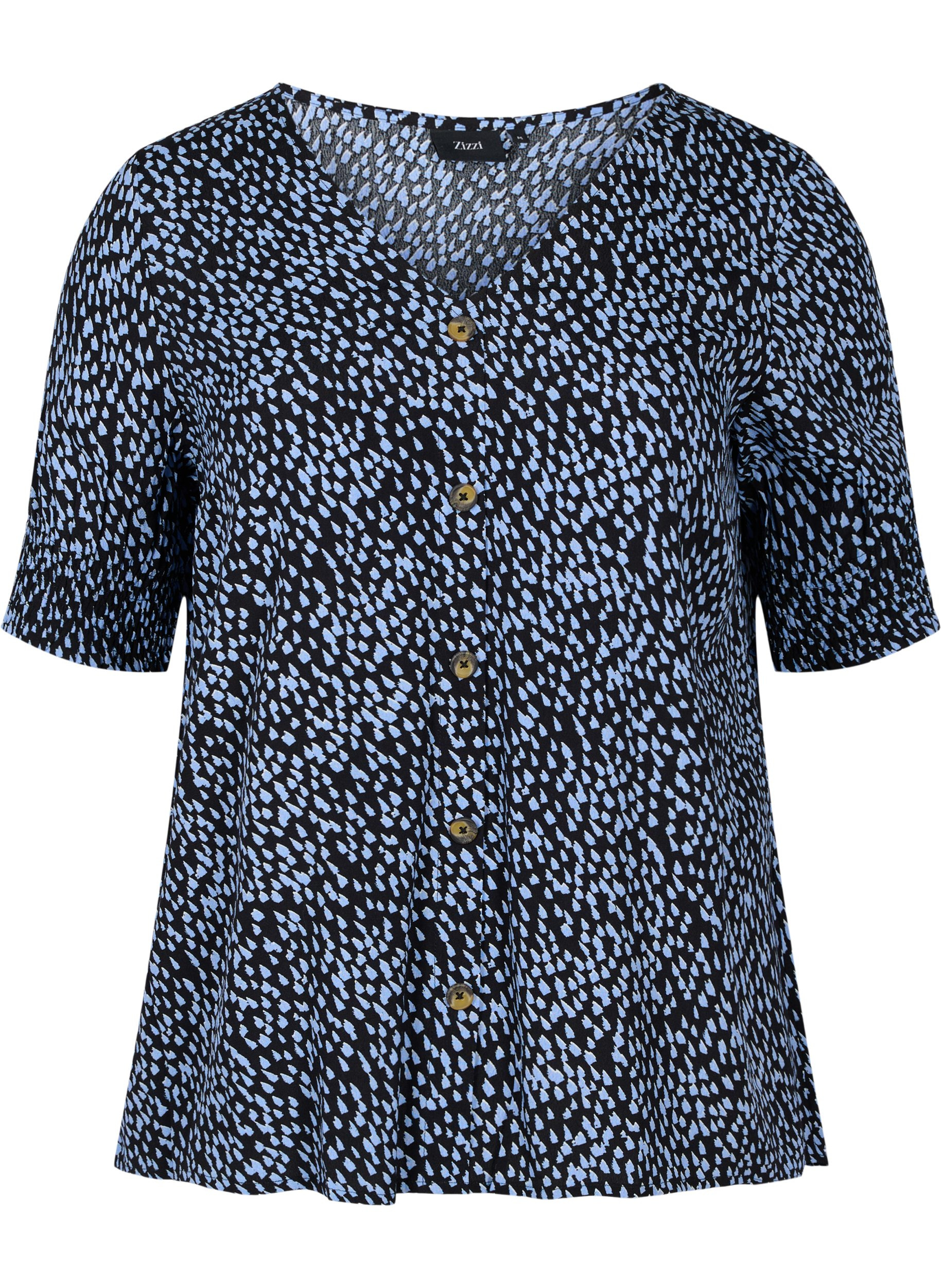 Printet viskose bluse med knapper, Blue Dot, Packshot image number 0