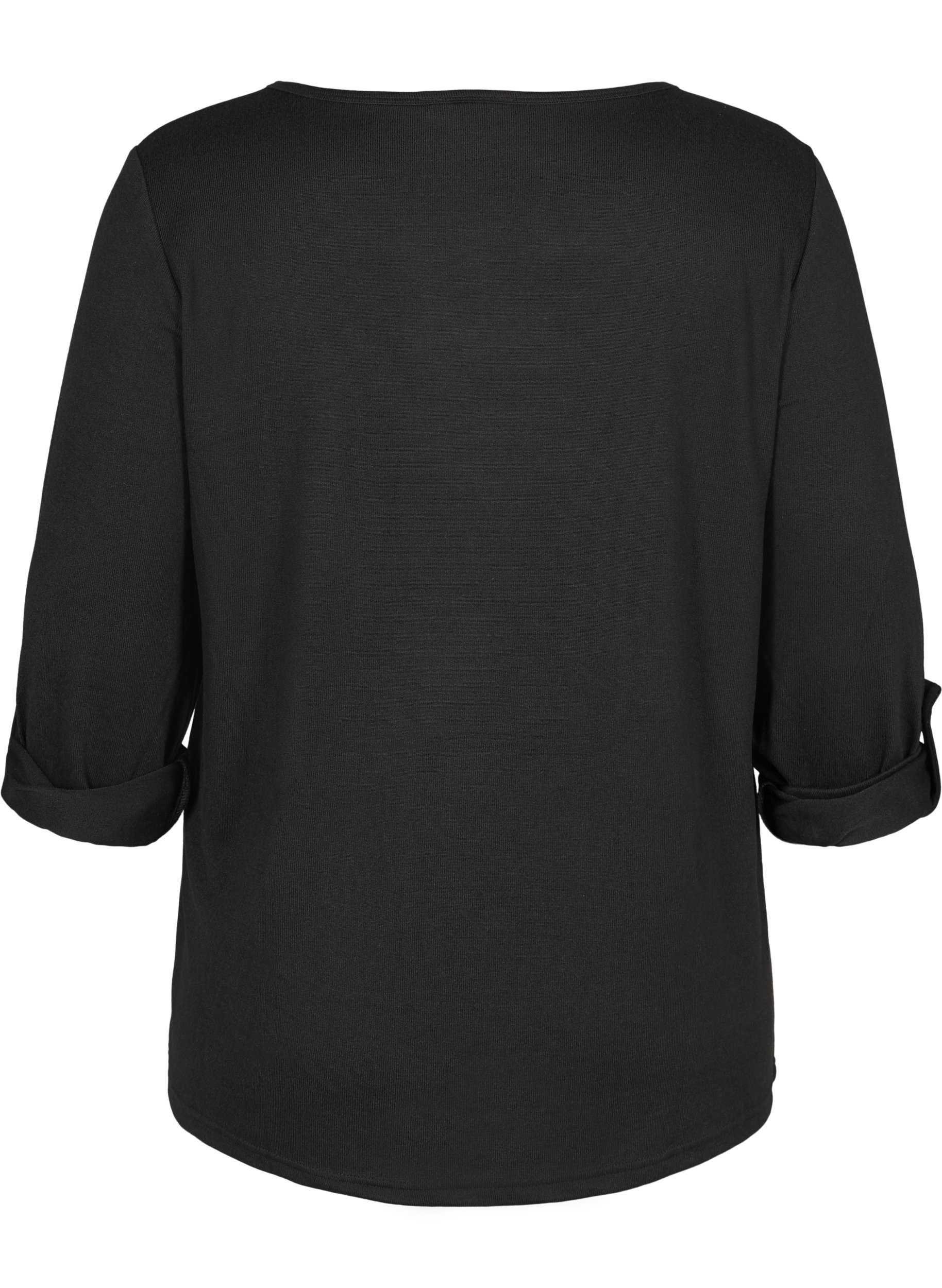 Bluse med 3/4 ærmer og lynlås, BLACK, Packshot image number 1