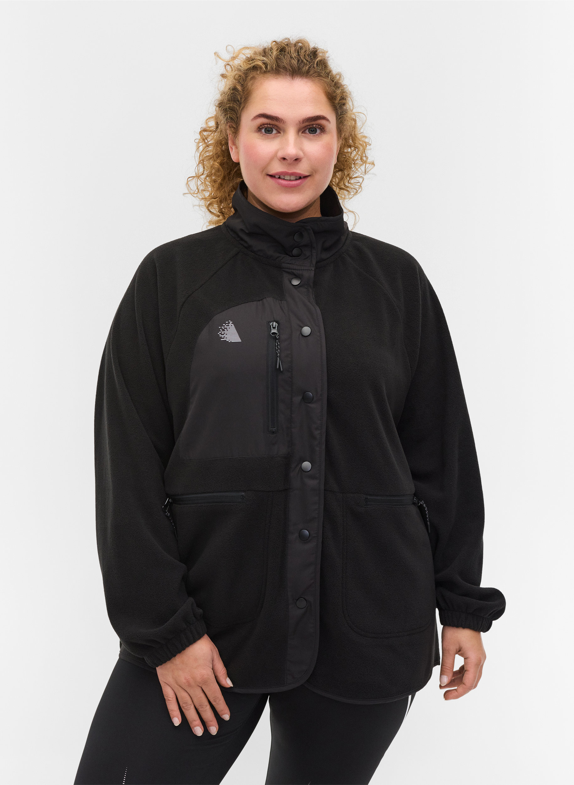 Sportsjakke i fleece med høj krave og lommer, Black, Model image number 0