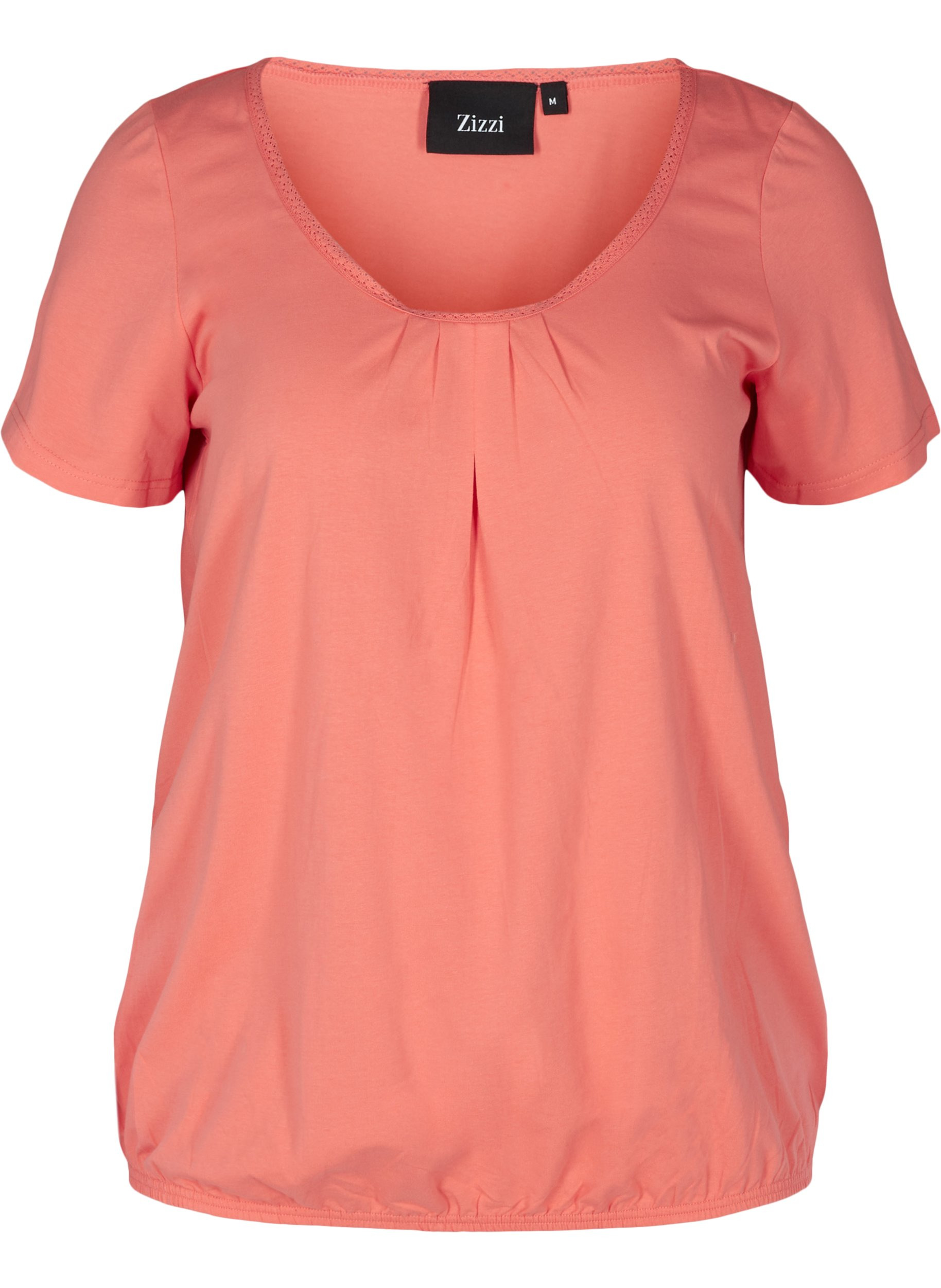 Kortærmet t-shirt med rund hals og blondekant, Living Coral, Packshot image number 0