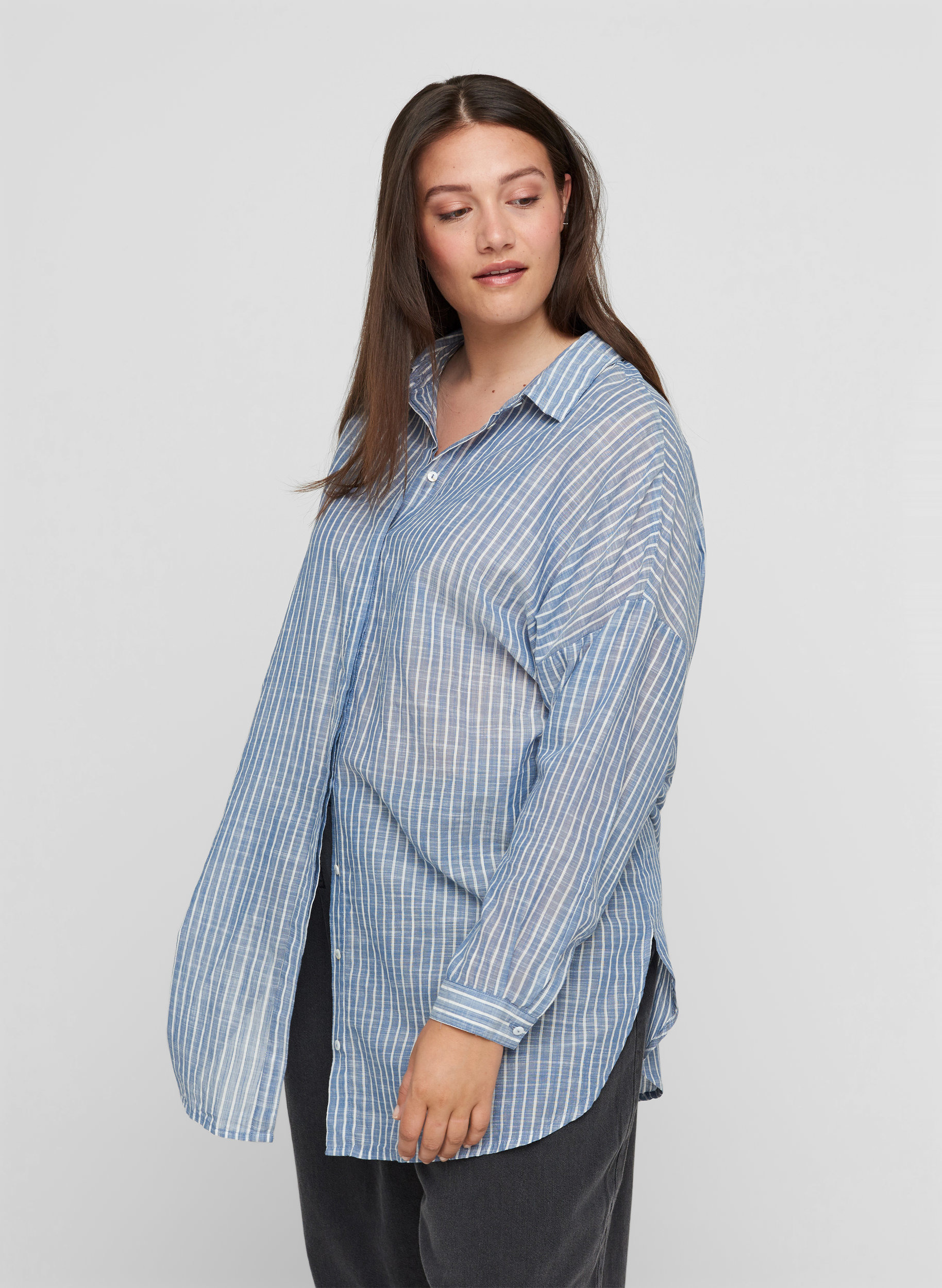 Lang stribet skjorte i bomuld, Country Blue Stripe, Model image number 0