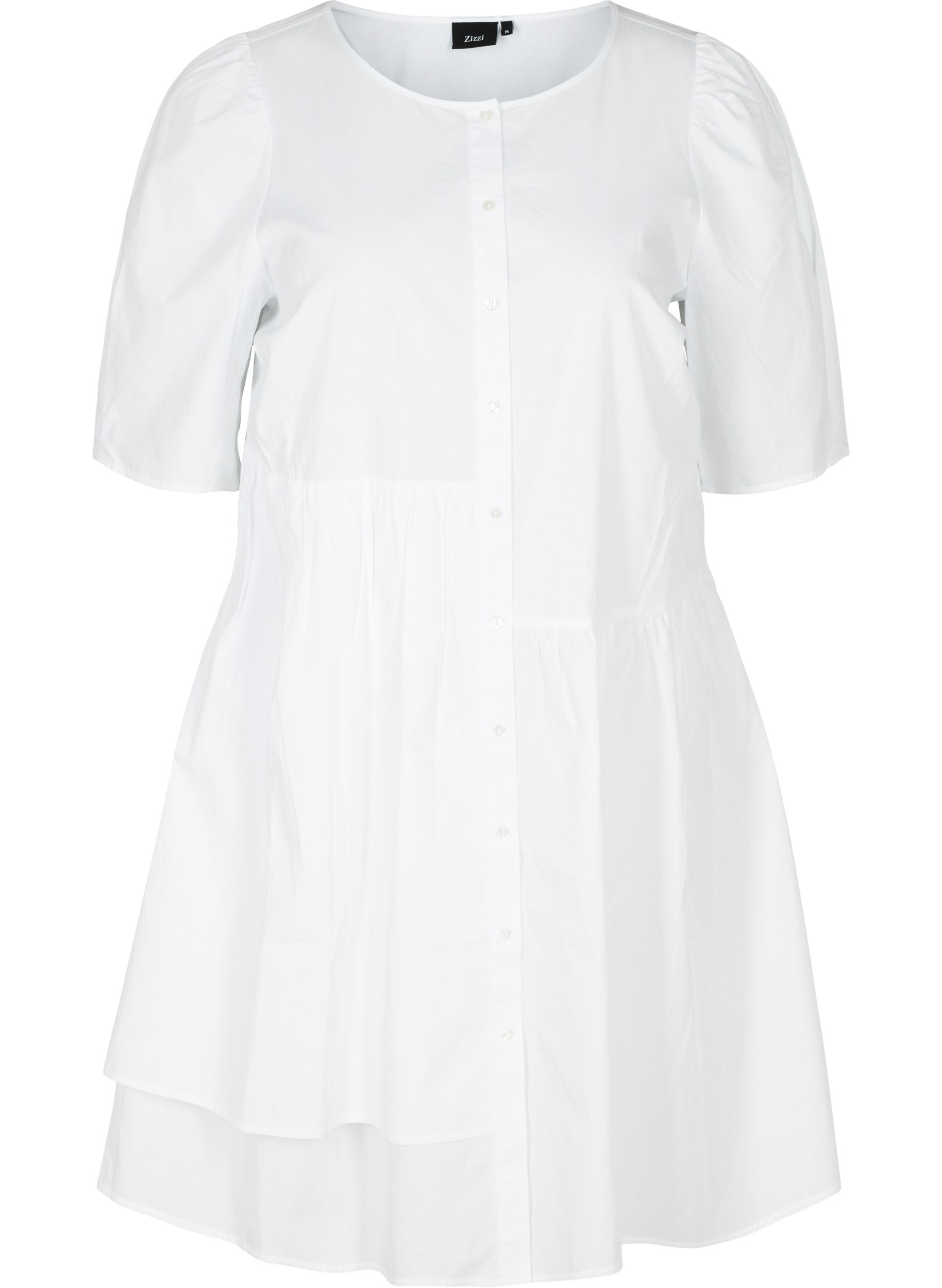 Bomulds skjortekjole med pufærmer, Bright White, Packshot image number 0
