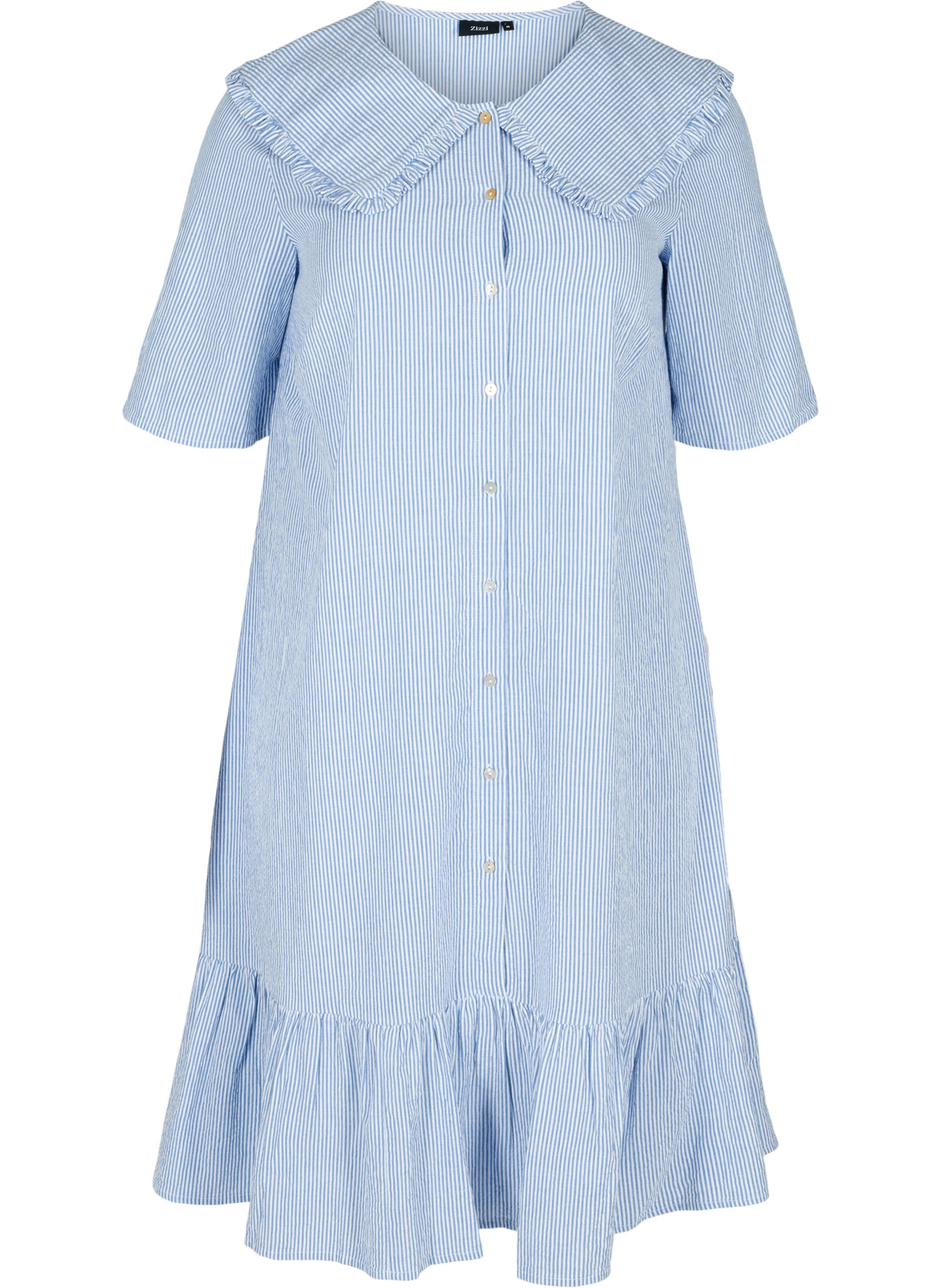 Kortærmet bomulds kjole med striber, Blue Stripe, Packshot image number 0