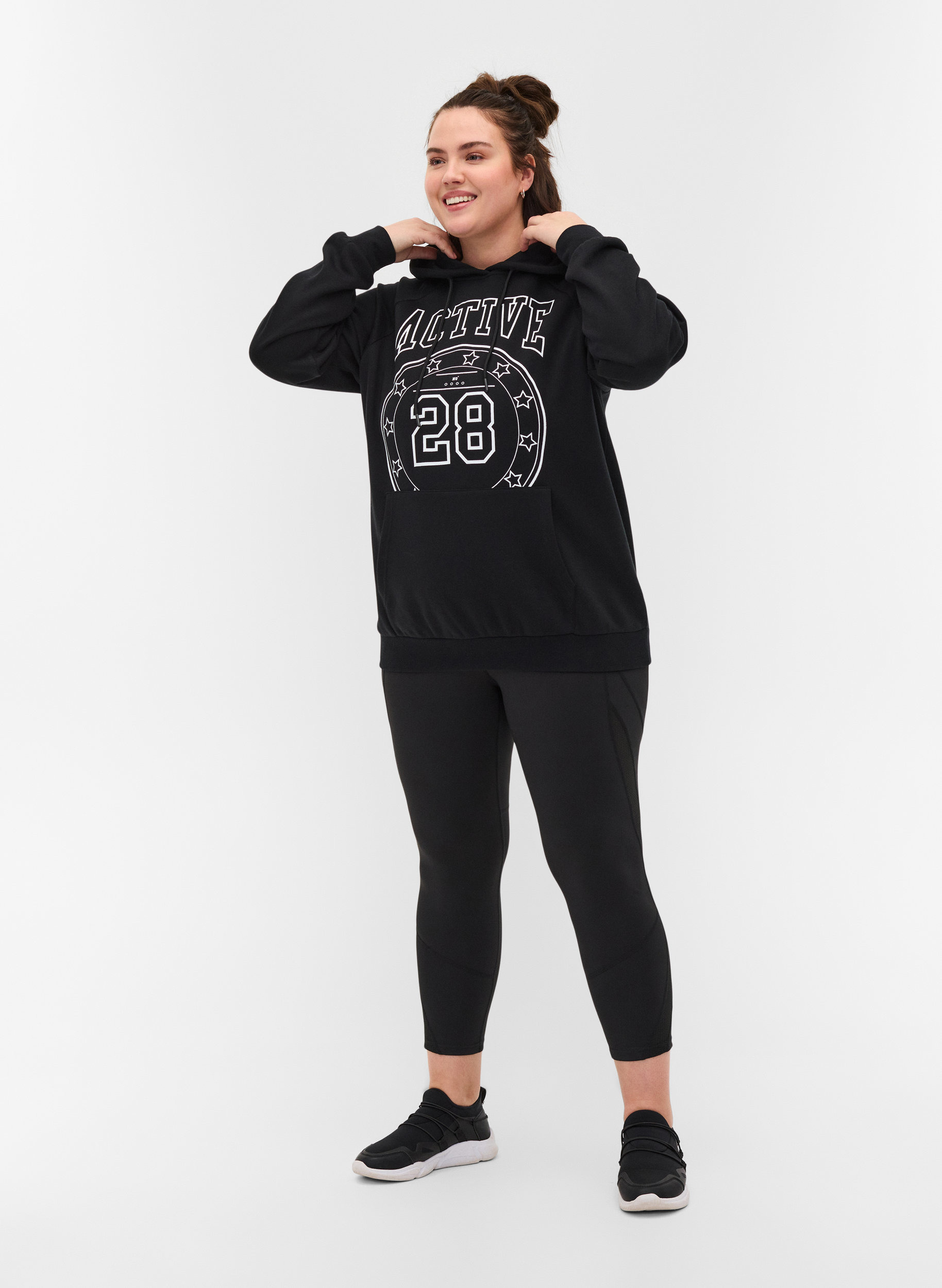 Sweatshirt med printdetaljer og hætte, Black, Model image number 2