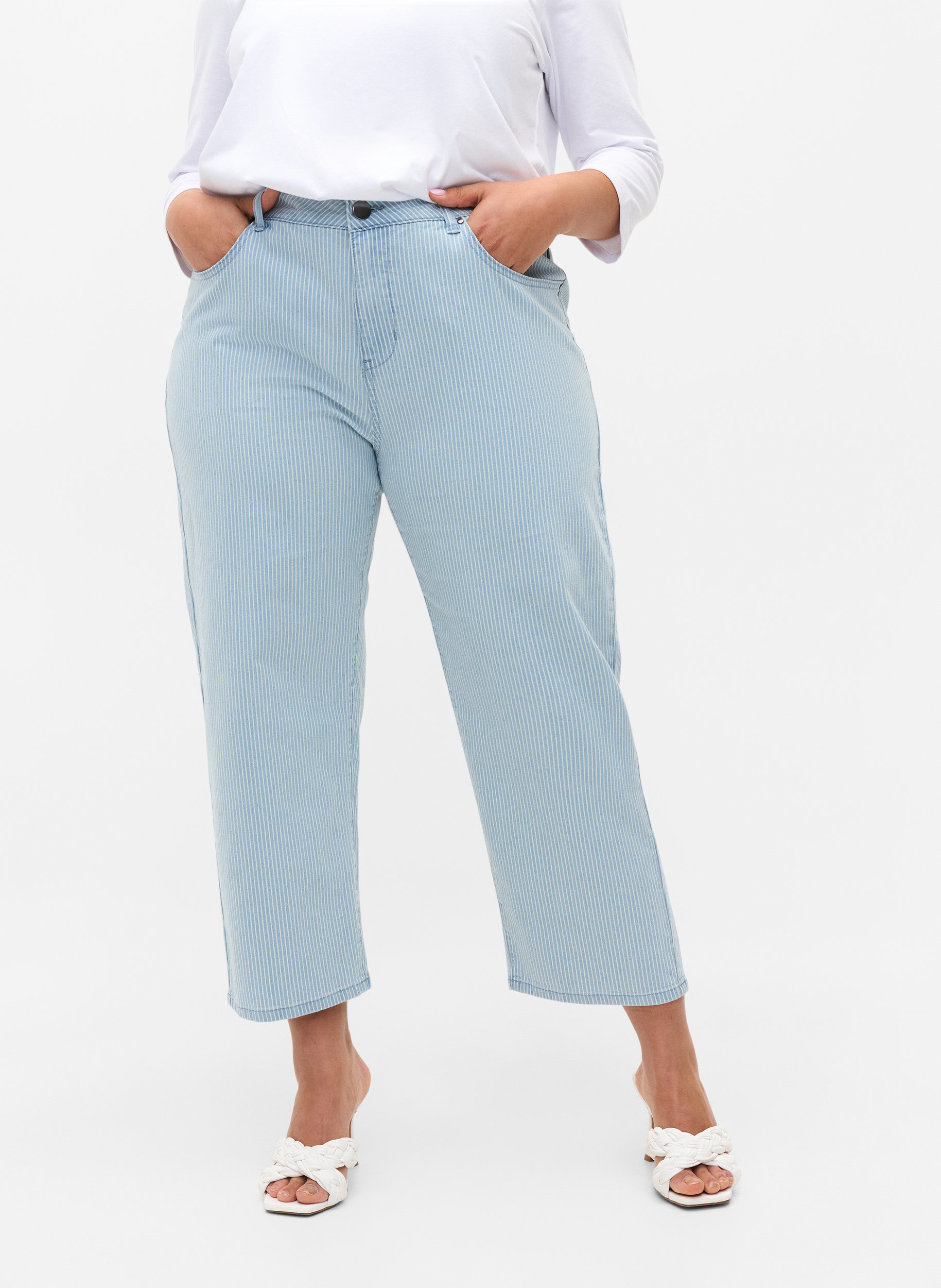Straight jeans med ankellængde og striber, Light Blue Stripe, Model