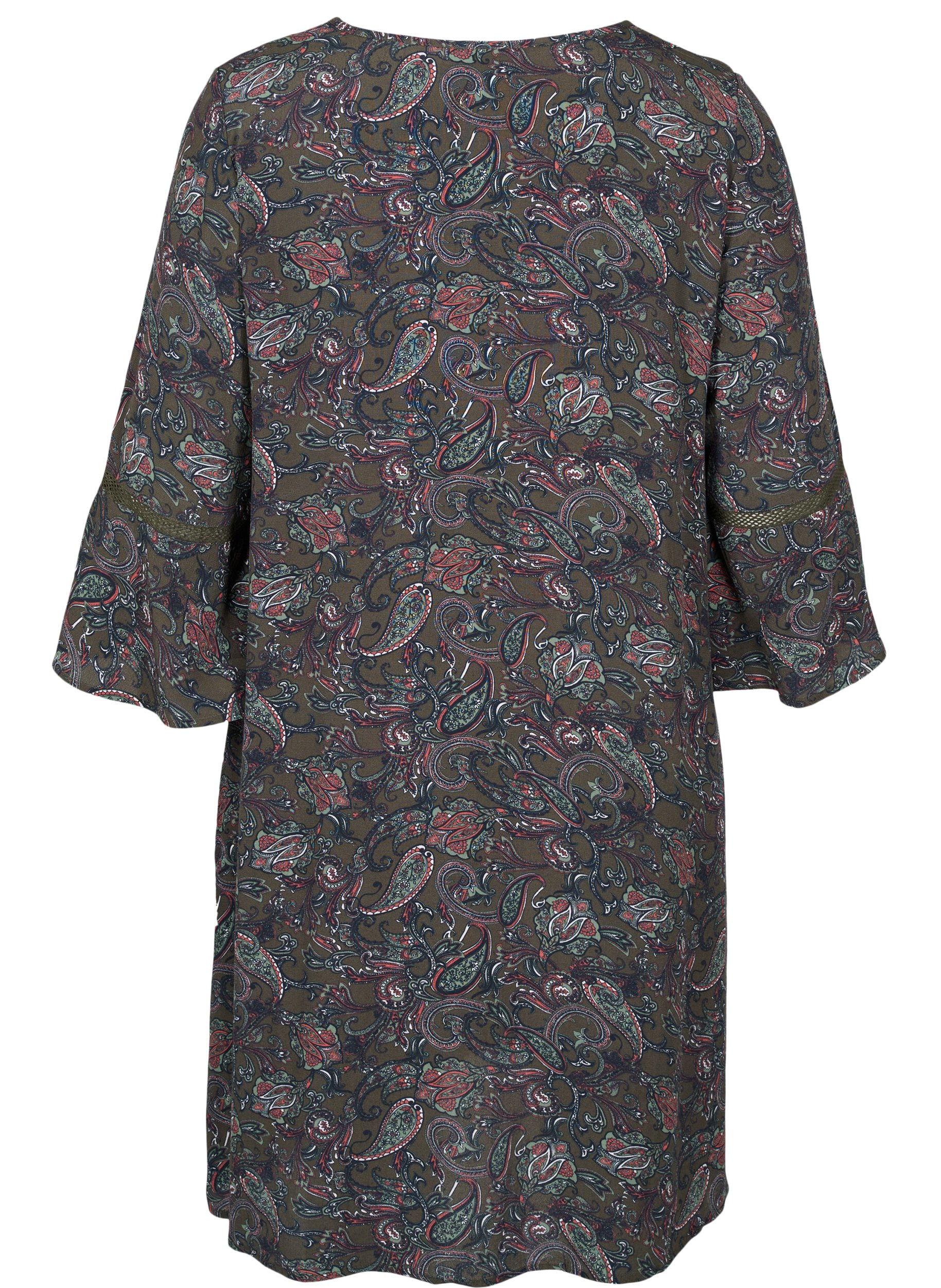 Viskose kjole med a-shape og paisley print, Green Paisley AOP, Packshot image number 1
