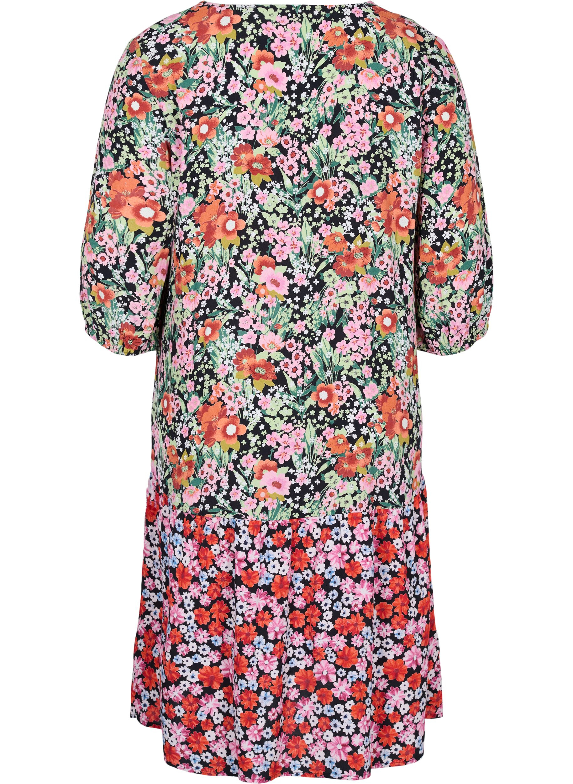 Blomstret viskose kjole med 3/4 ærmer, Flower AOP Mix, Packshot image number 1