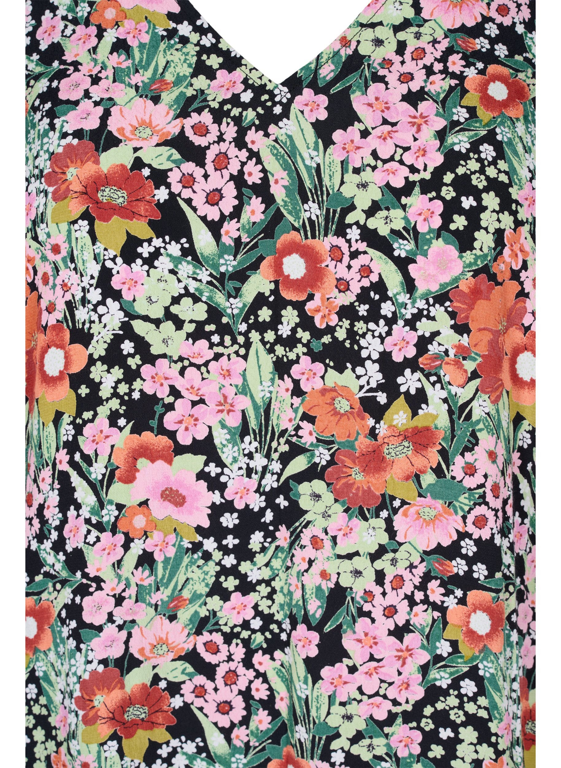 Blomstret viskose kjole med 3/4 ærmer, Flower AOP Mix, Packshot image number 2