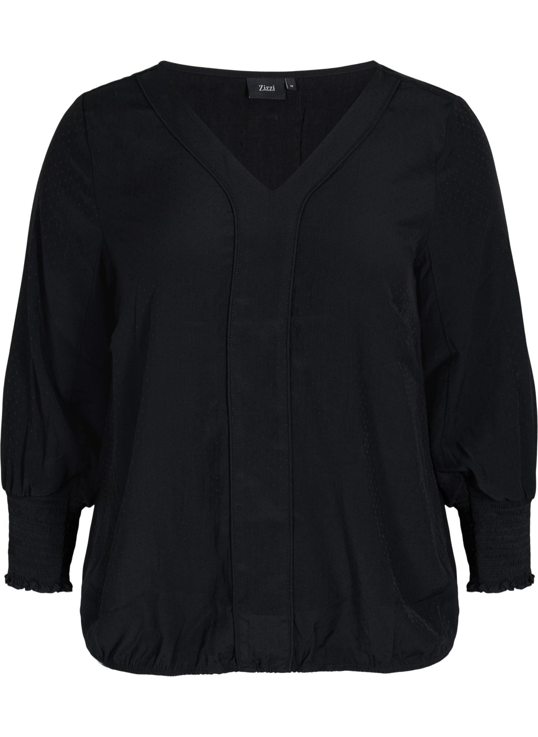 Bluse med v-udskæring og smock, Black, Packshot image number 0