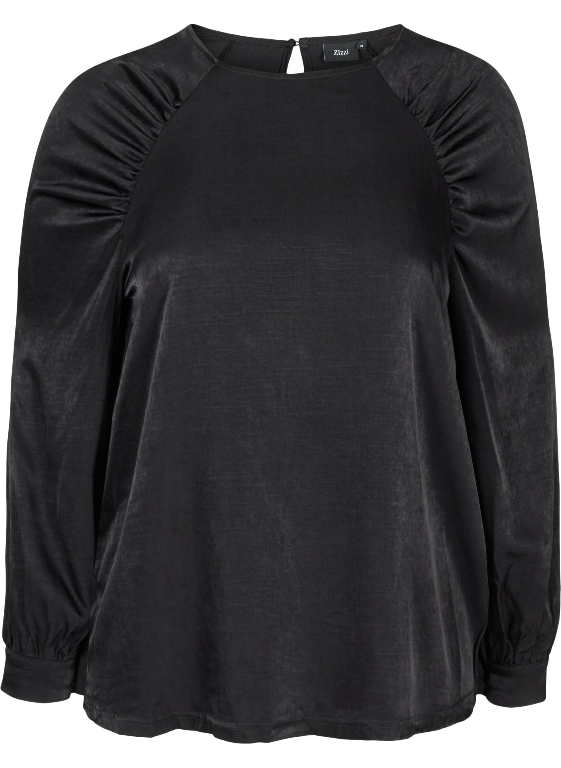 Langærmet bluse med rynkedetalje, Black, Packshot image number 0