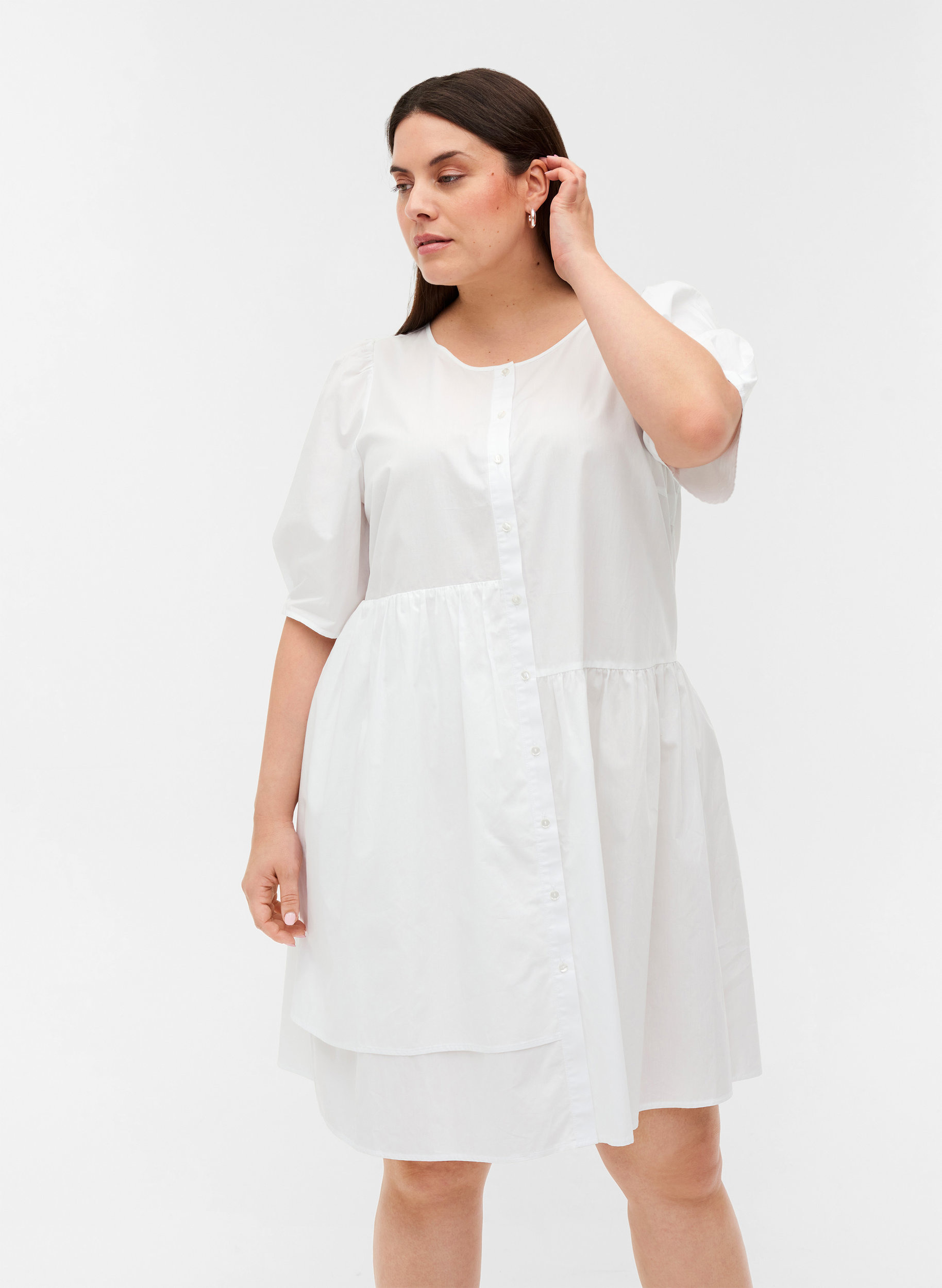 Bomulds skjortekjole med pufærmer, Bright White, Model