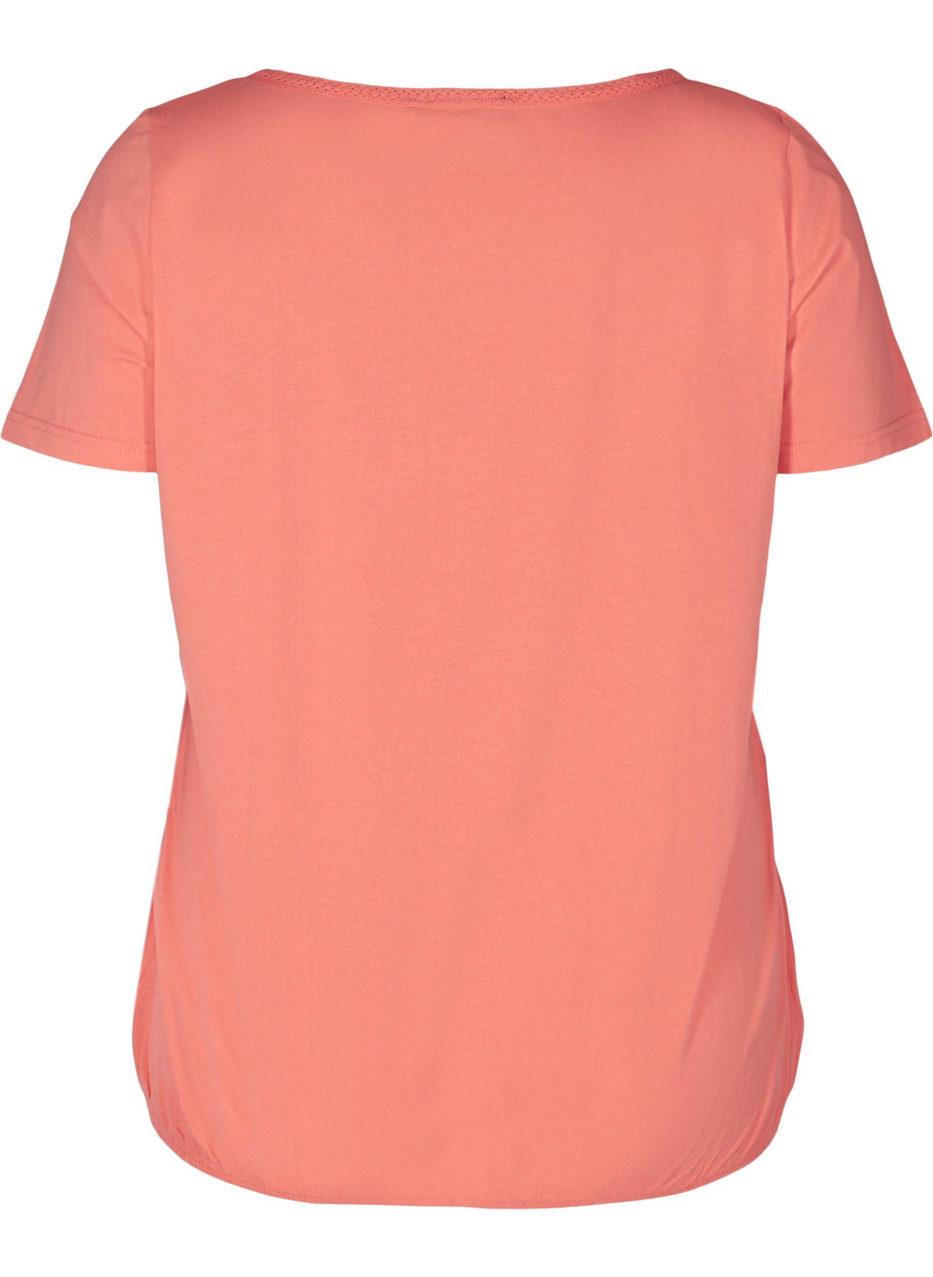 Kortærmet t-shirt med rund hals og blondekant, Living Coral, Packshot image number 1
