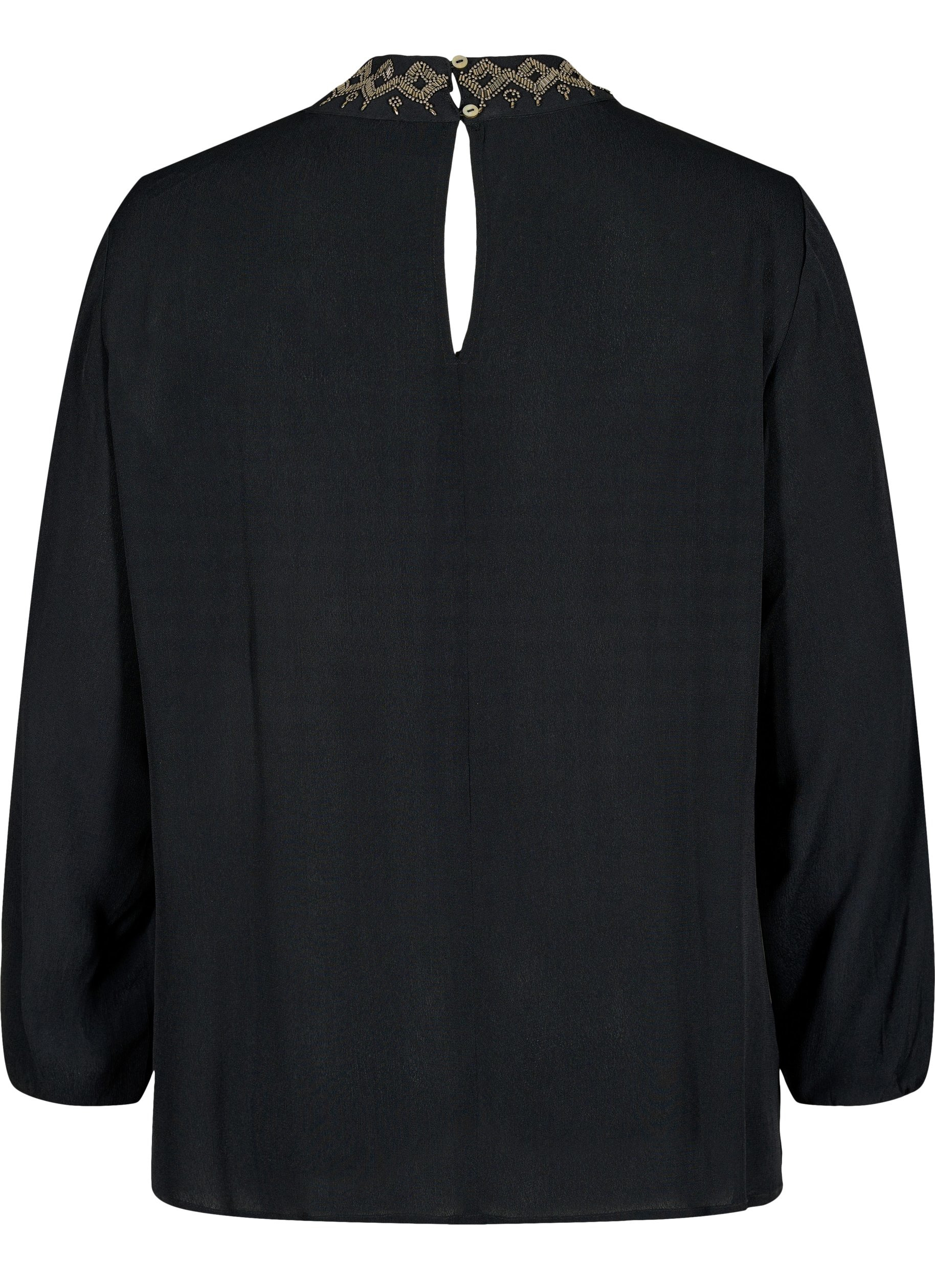 Langærmet viskose bluse med perler, Black, Packshot image number 1