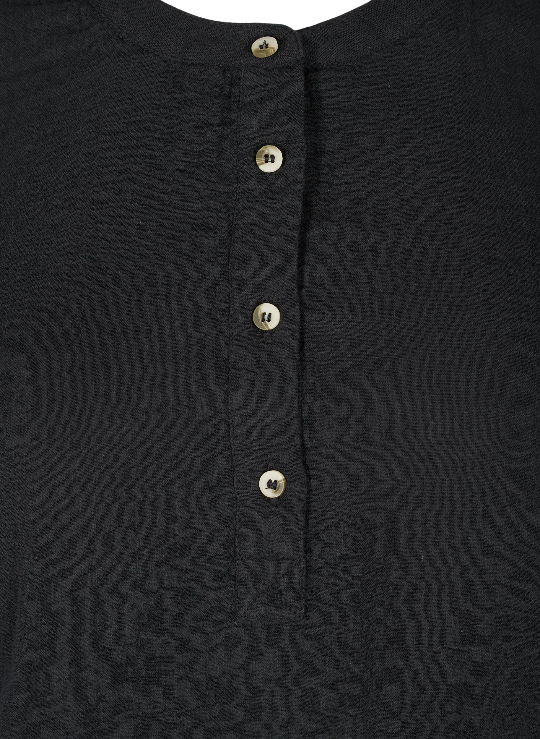 Bomulds bluse med knapper og 3/4 ærmer, Black, Packshot image number 2