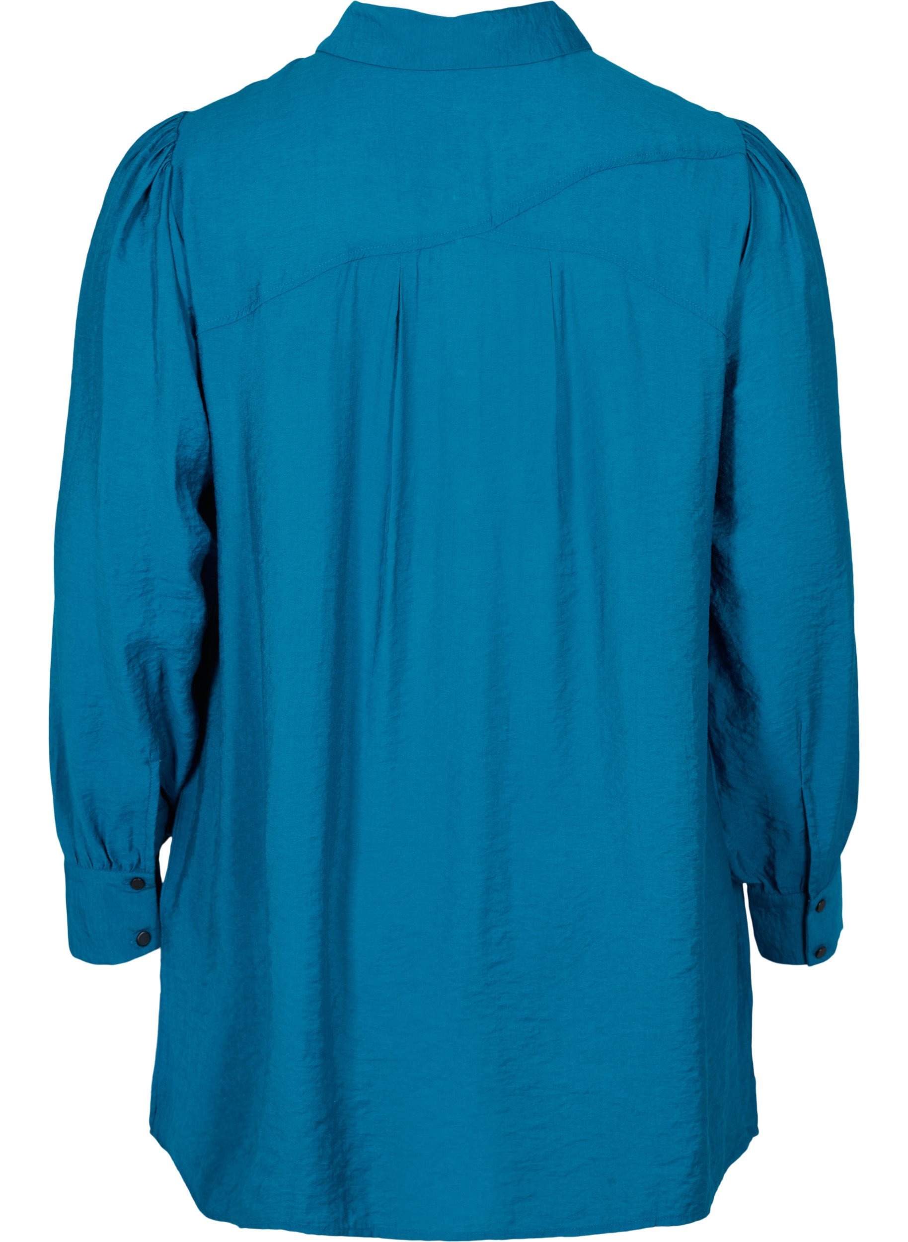 Lang ensfarvet skjorte i viskosemix, Moroccan Blue, Packshot image number 1
