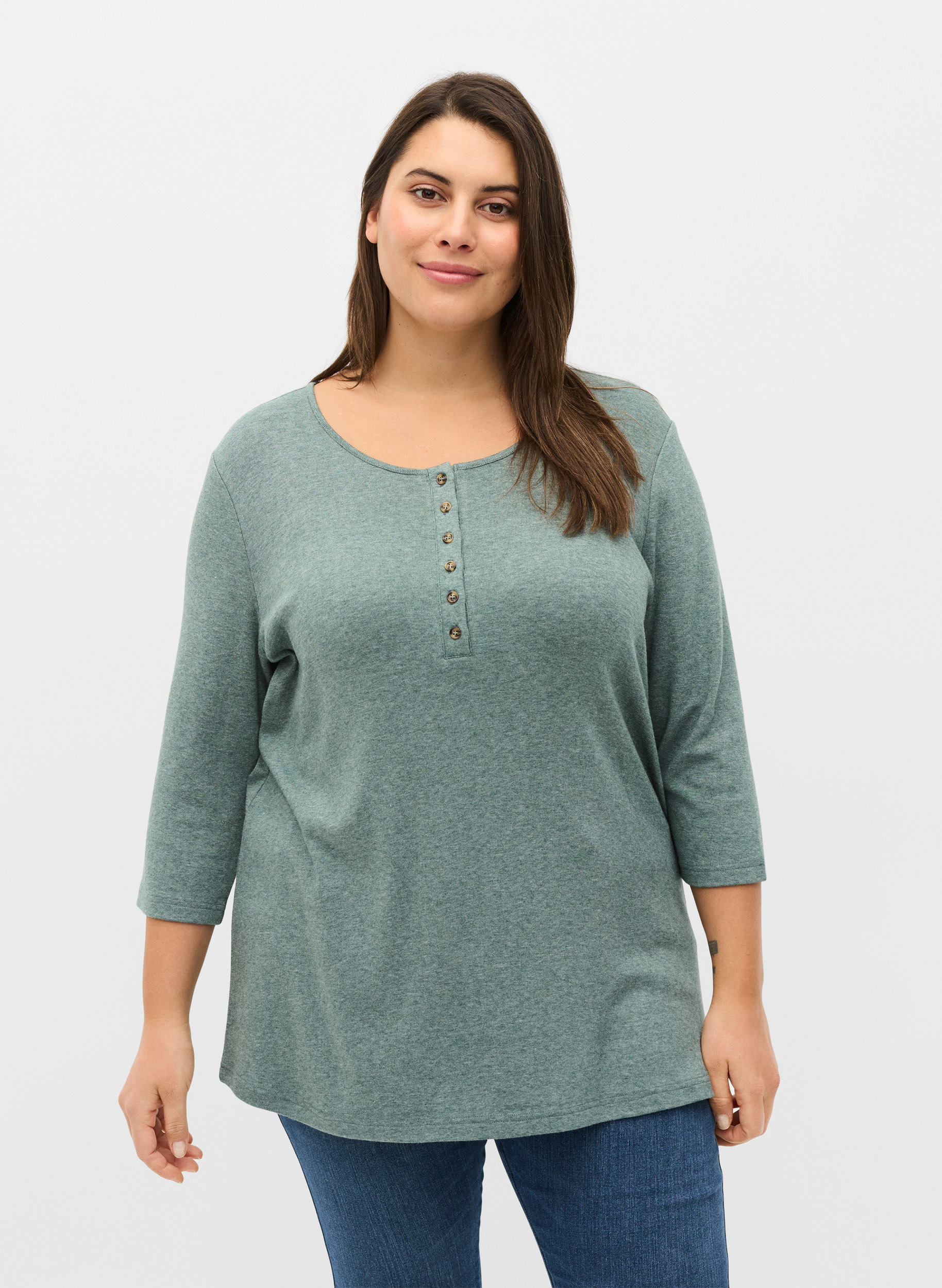 Meleret bluse med knapper og 3/4 ærmer , Green Melange, Model image number 0