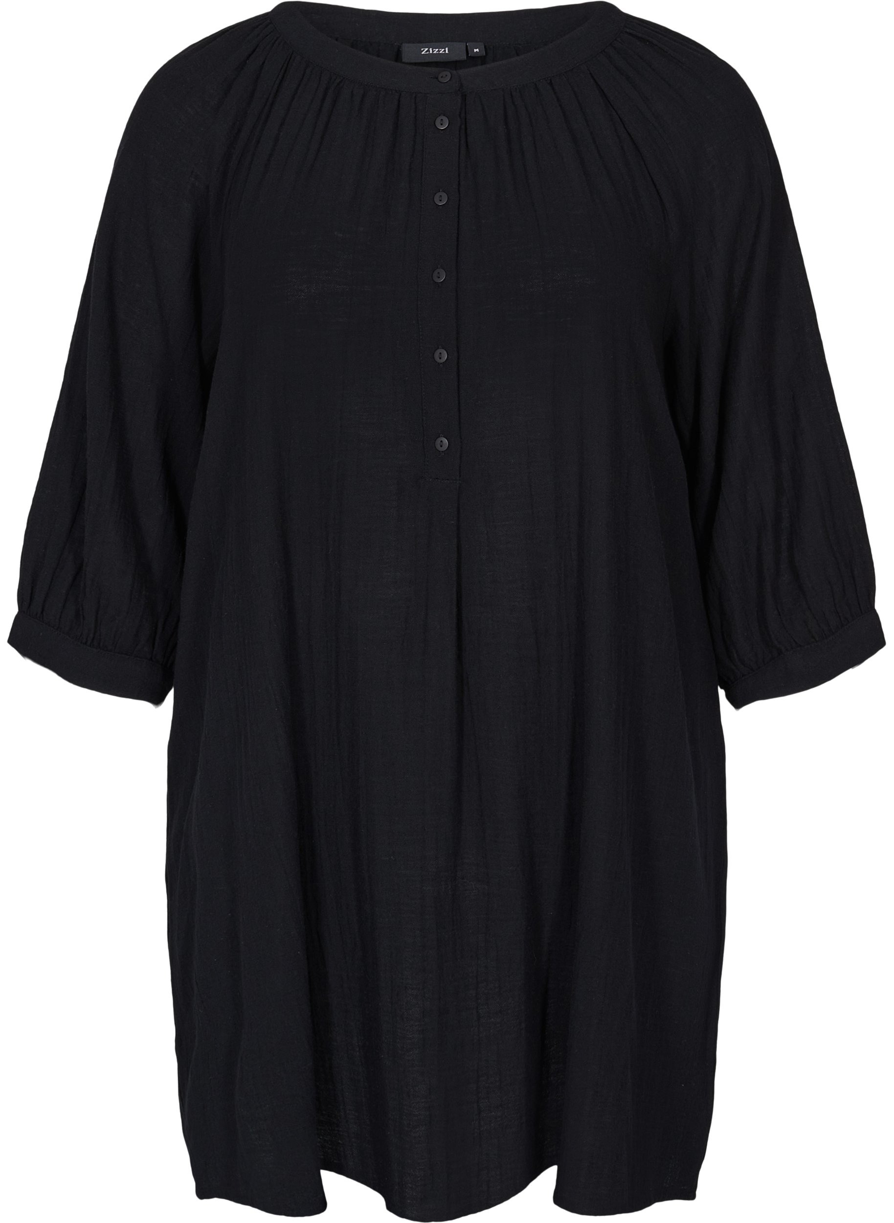 Bomulds tunika med knapper og 3/4 ærmer, Black, Packshot image number 0