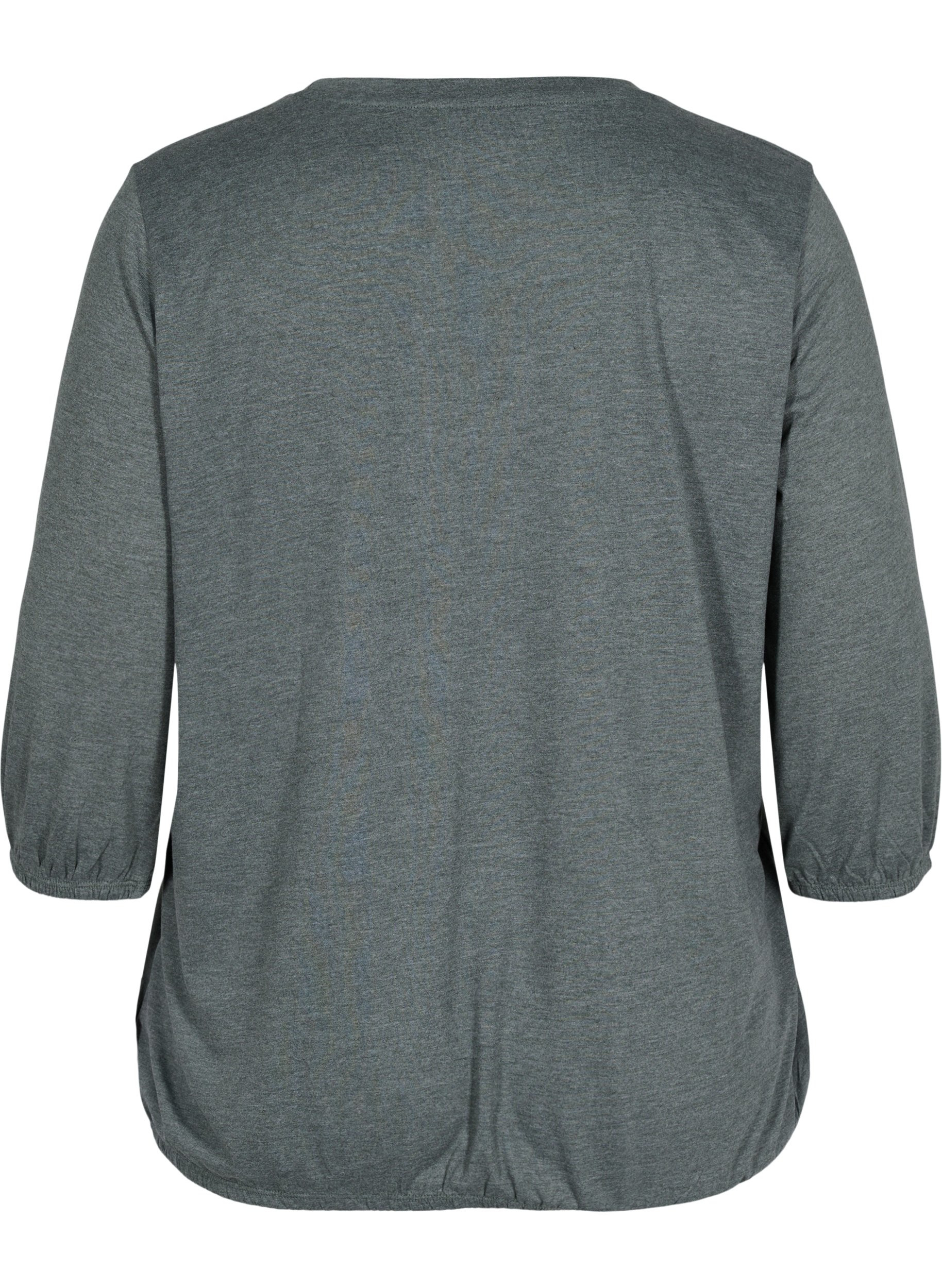 Ensfarvet bluse med 3/4 ærmer, Thyme Mel, Packshot image number 1