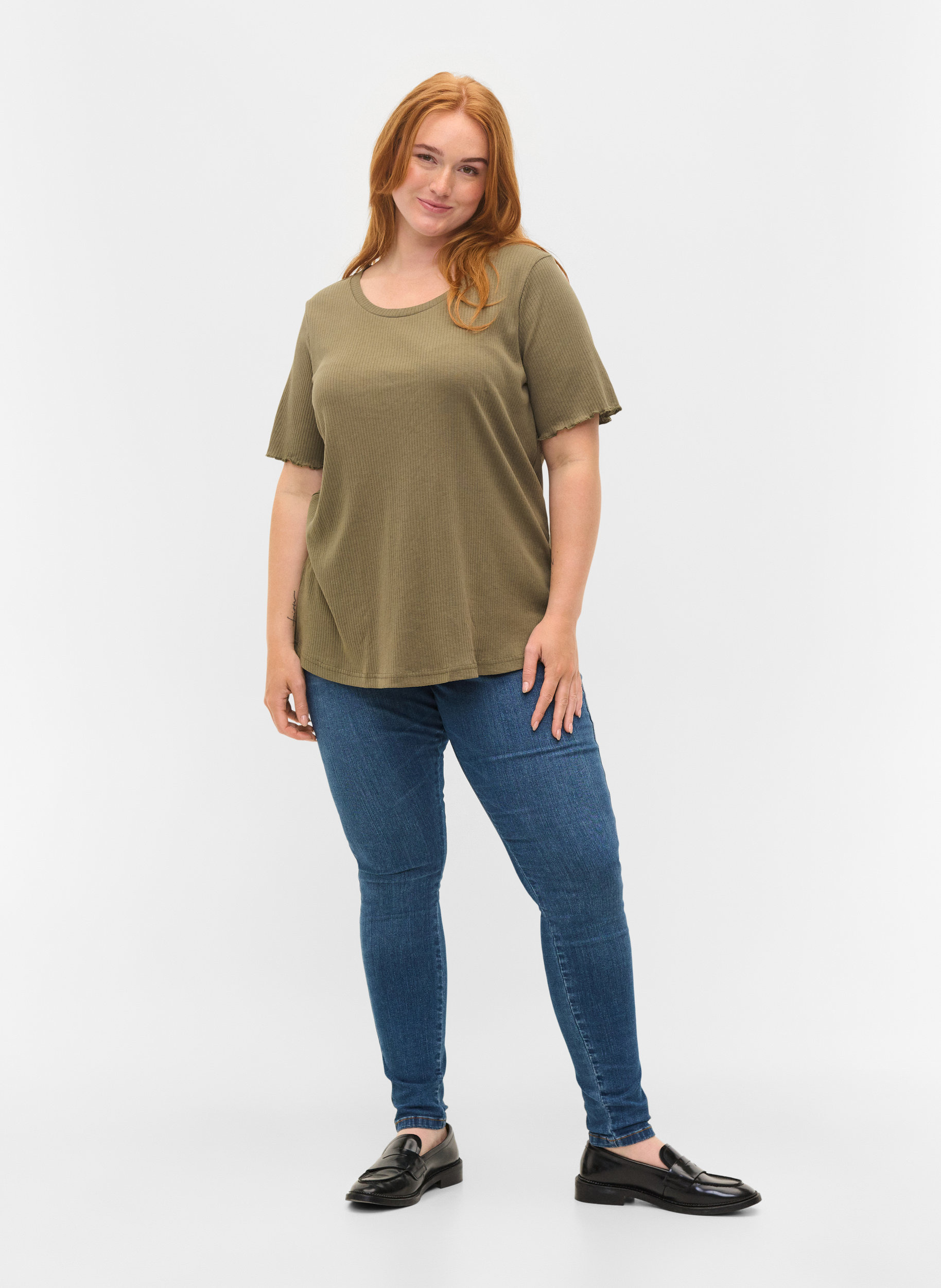 Kortærmet t-shirt i ribkvalitet, Dusty Olive, Model image number 2