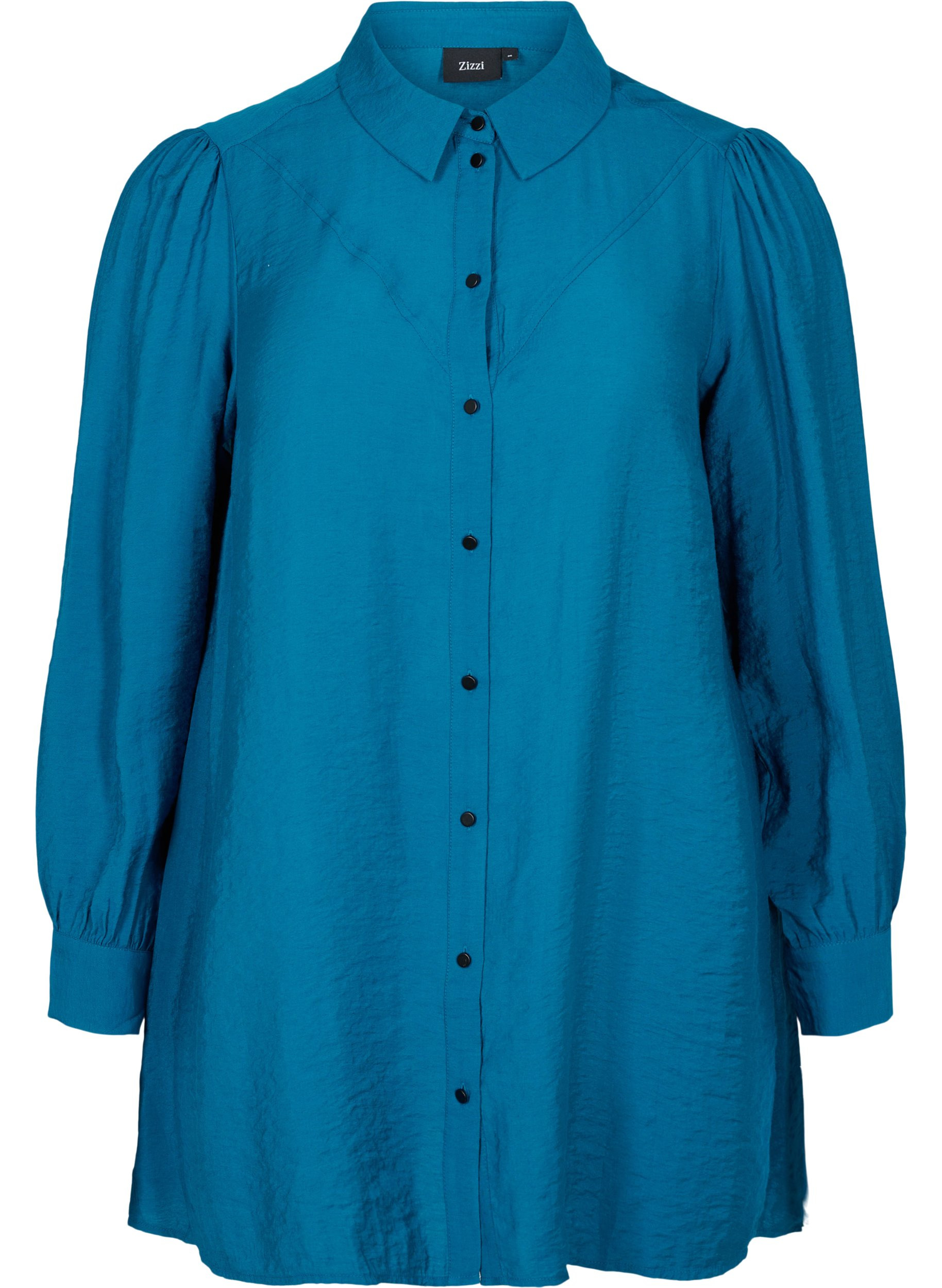 Lang ensfarvet skjorte i viskosemix, Moroccan Blue, Packshot image number 0