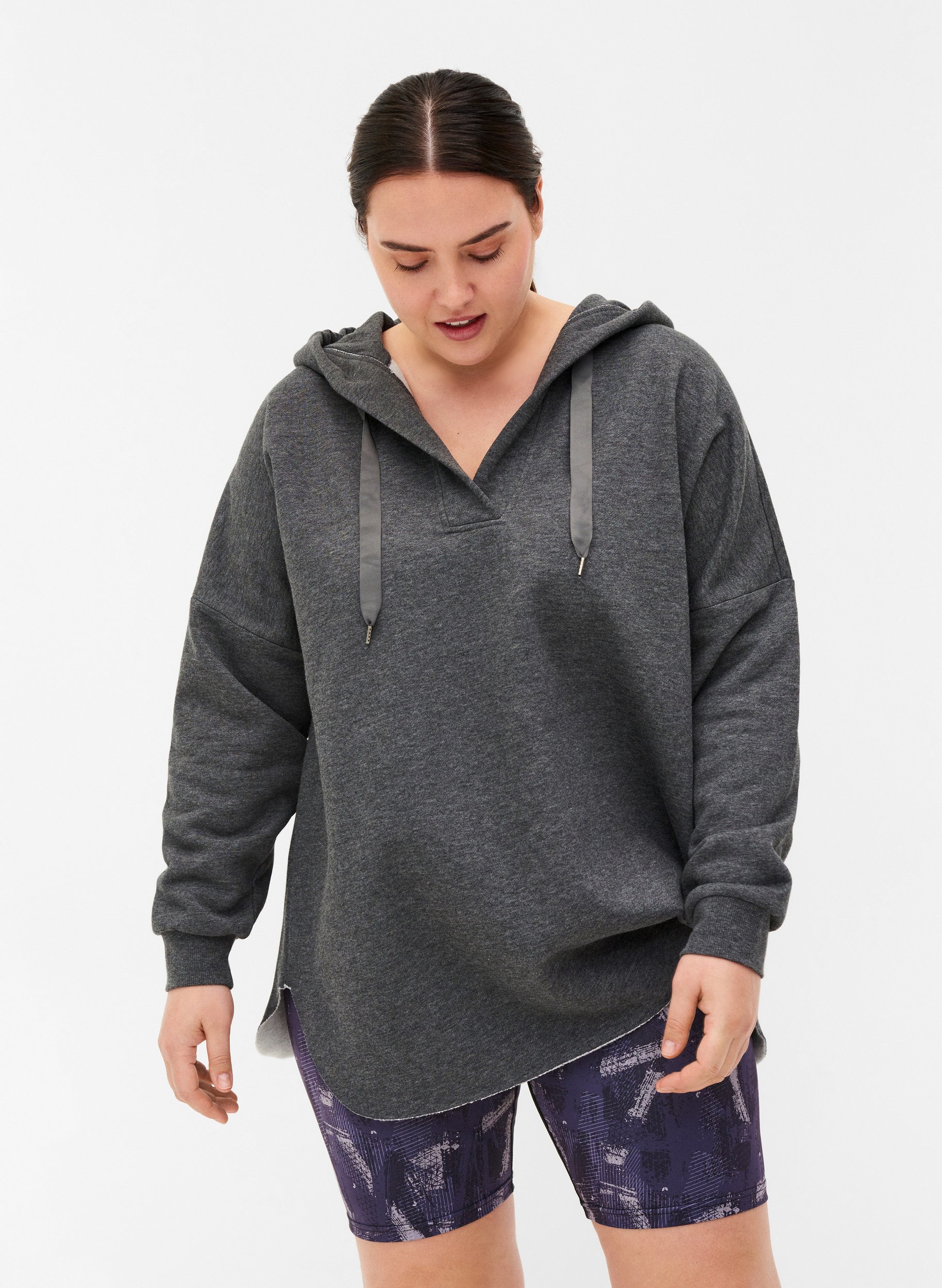 Sweatshirt med hætte og slids, Dark Grey Melange, Model image number 0