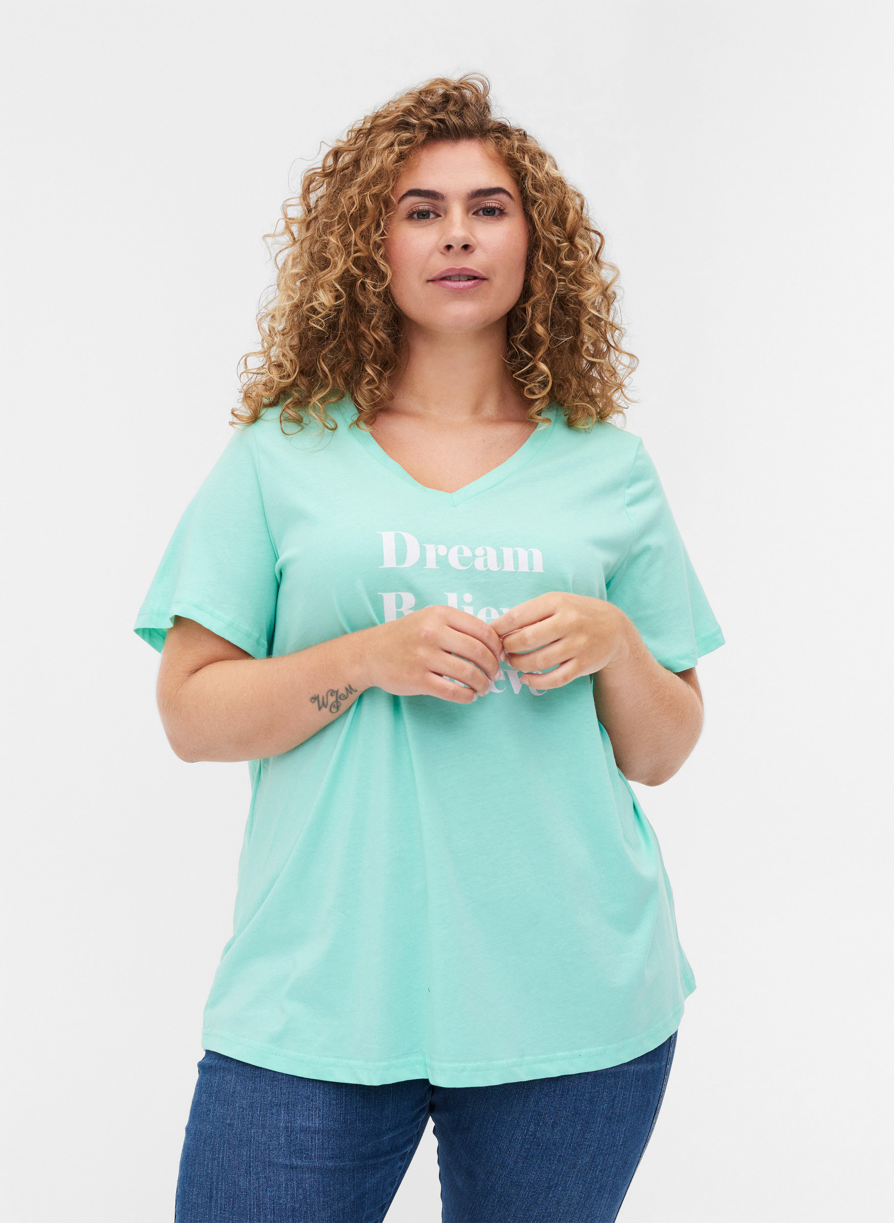 Økologisk bomulds t-shirt med v-hals og tryk , Cabbage, Model image number 0