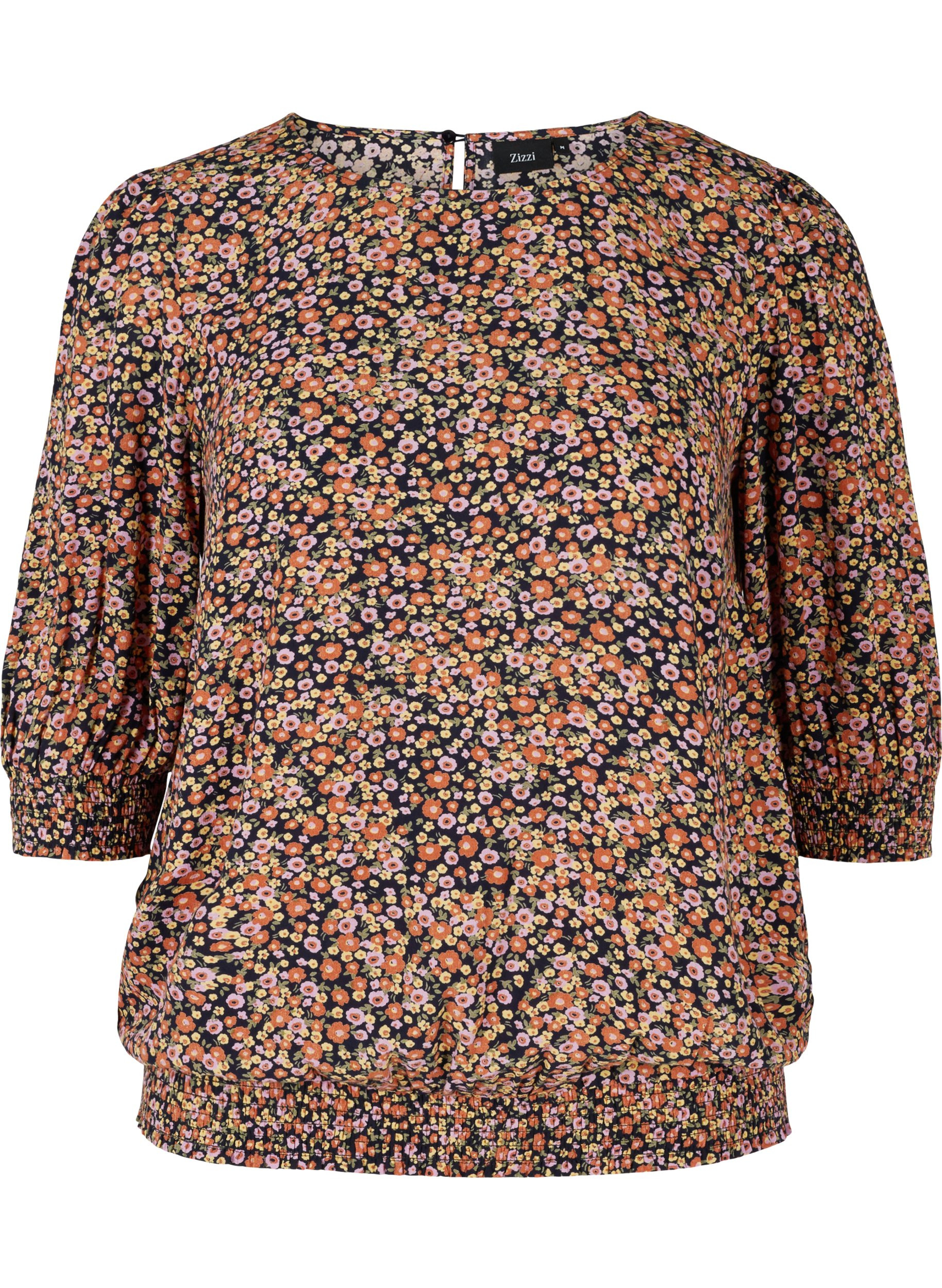 Printet bluse med smock og 3/4 ærmer, Ditsy Flower AOP, Packshot image number 0