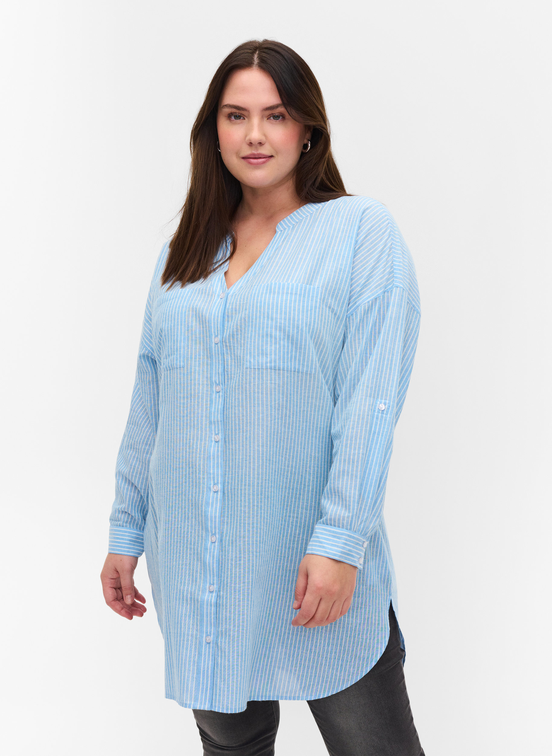 Stribet skjorte i 100% bomuld, Lichen Blue Stripe , Model image number 0