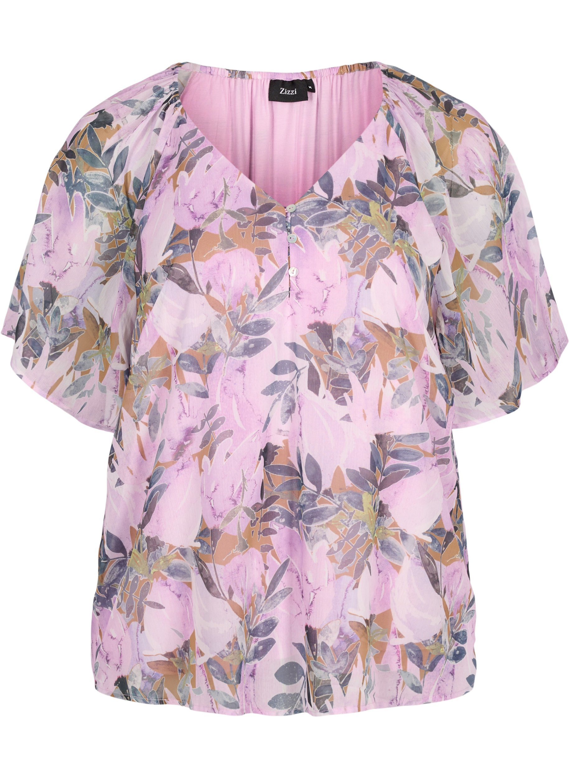 Printet bluse med korte ærmer, Orchid Bouquet AOP, Packshot image number 0