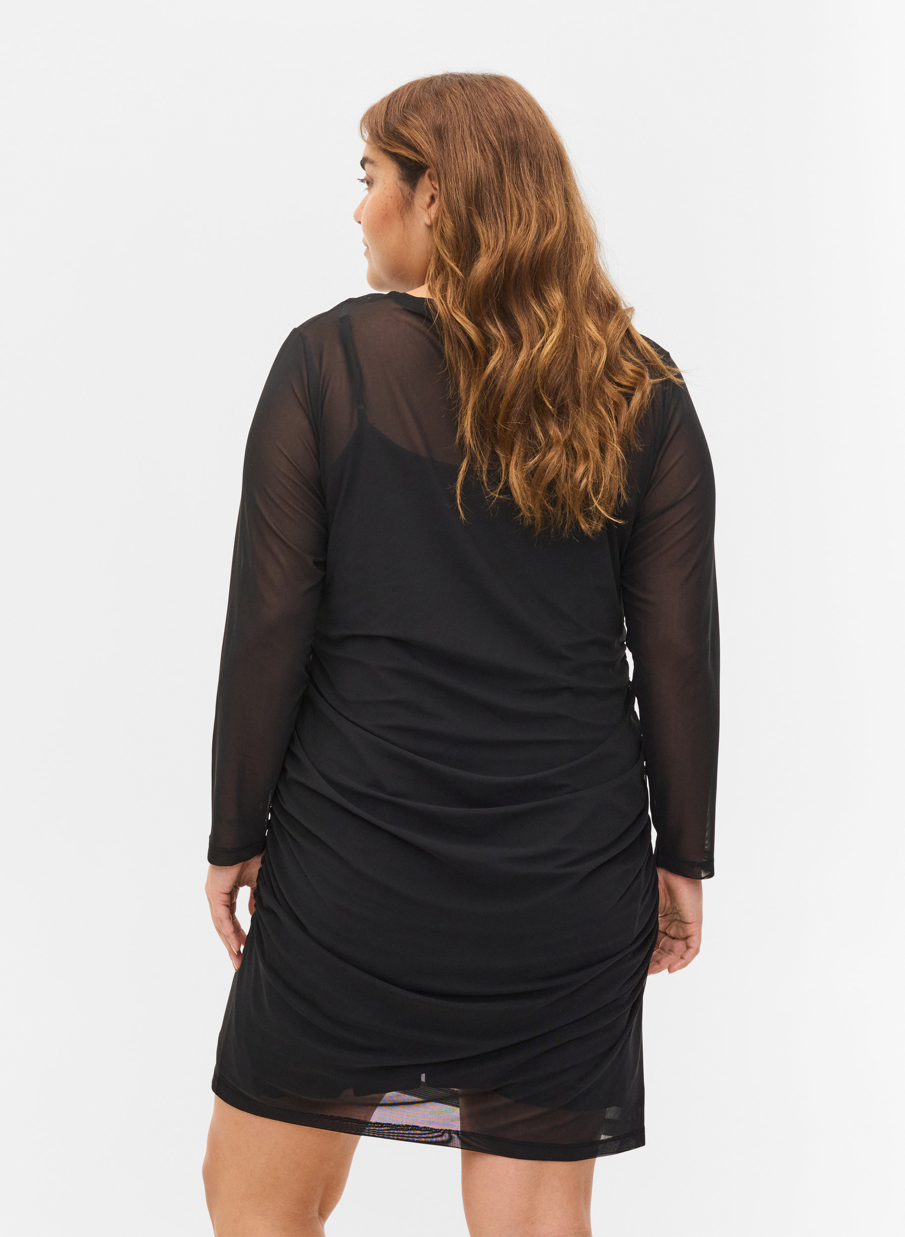 Tætsiddende mesh kjole med 3/4 ærmer, Black, Model image number 1