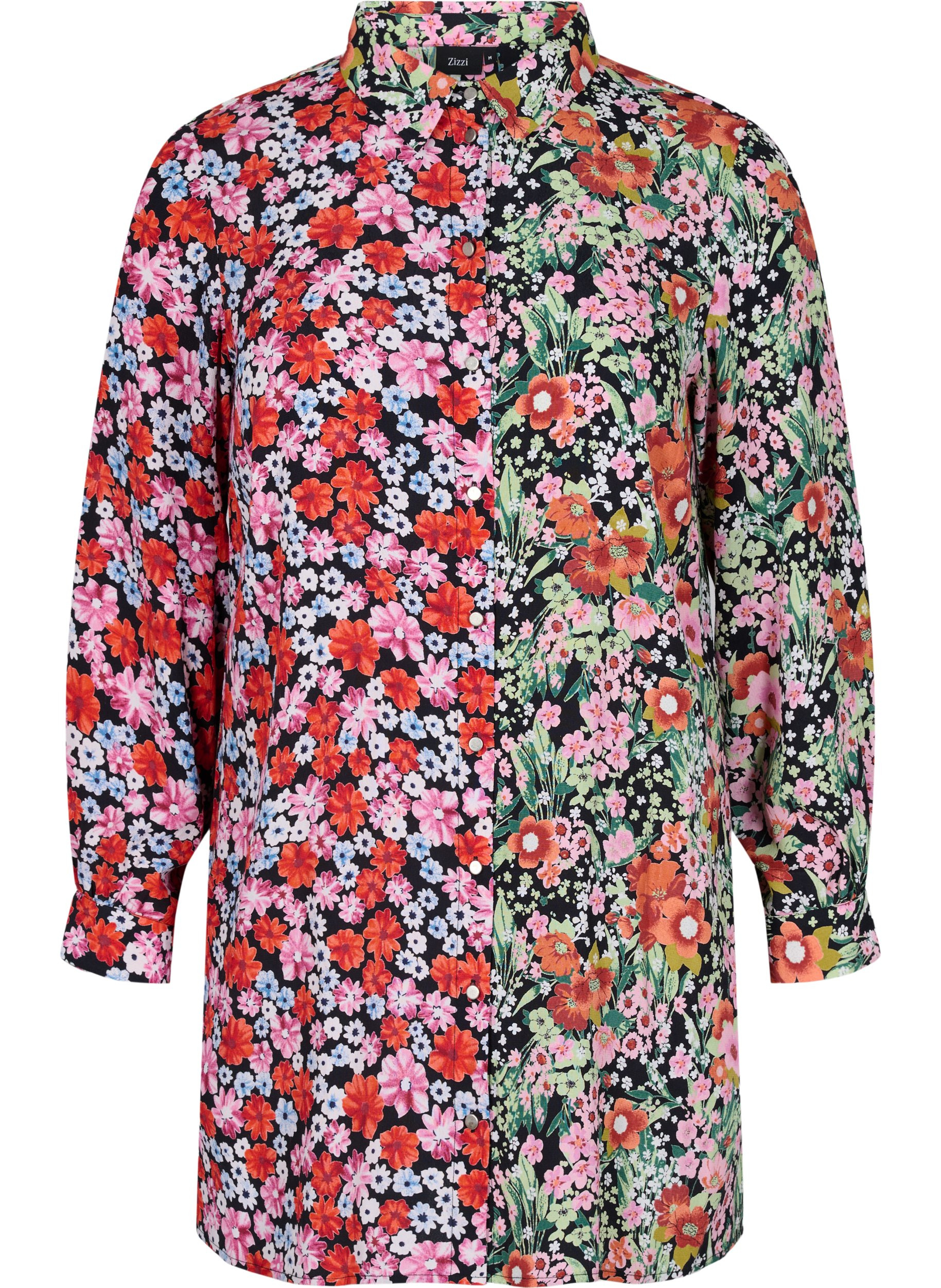 Lang blomstret skjorte i viskose, Flower AOP Mix, Packshot image number 0
