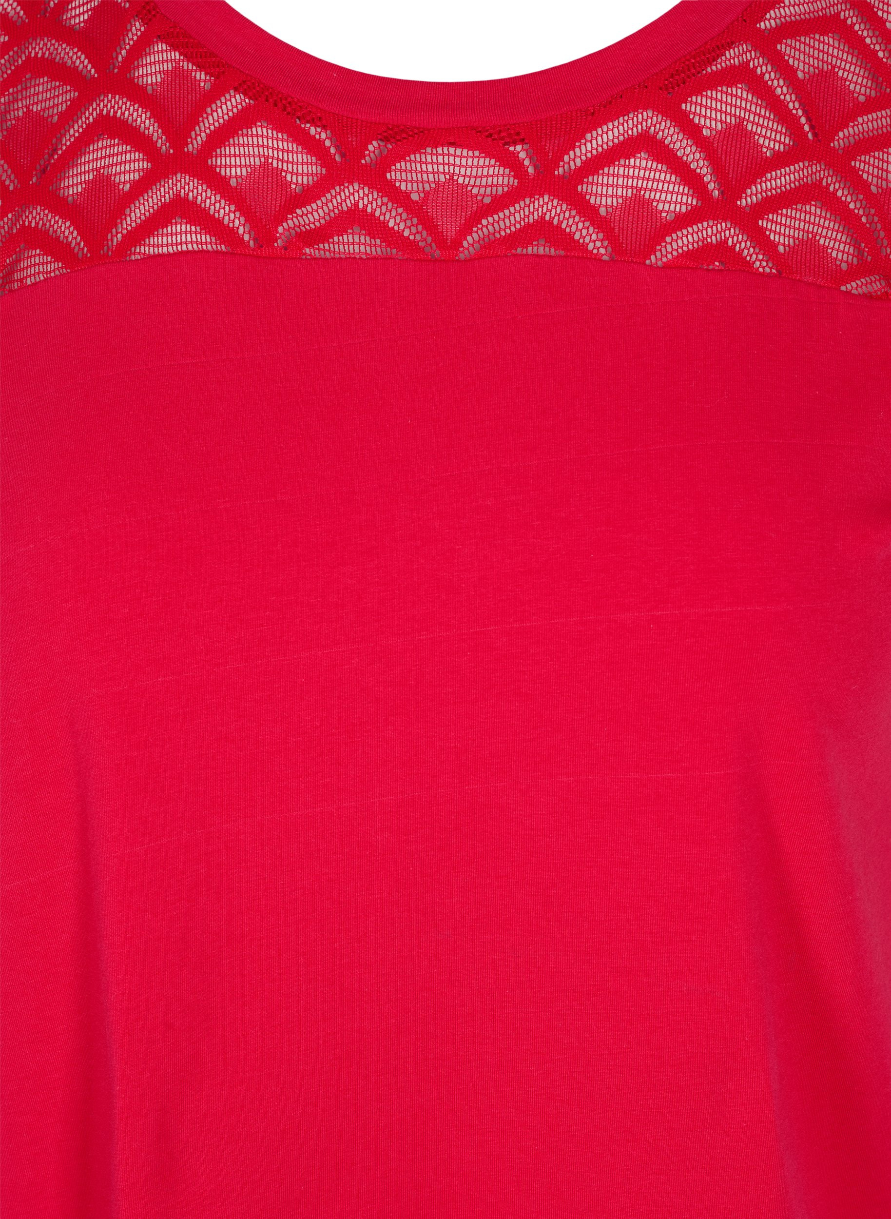 Kortærmet bomulds t-shirt med blonder, Tango Red, Packshot image number 2