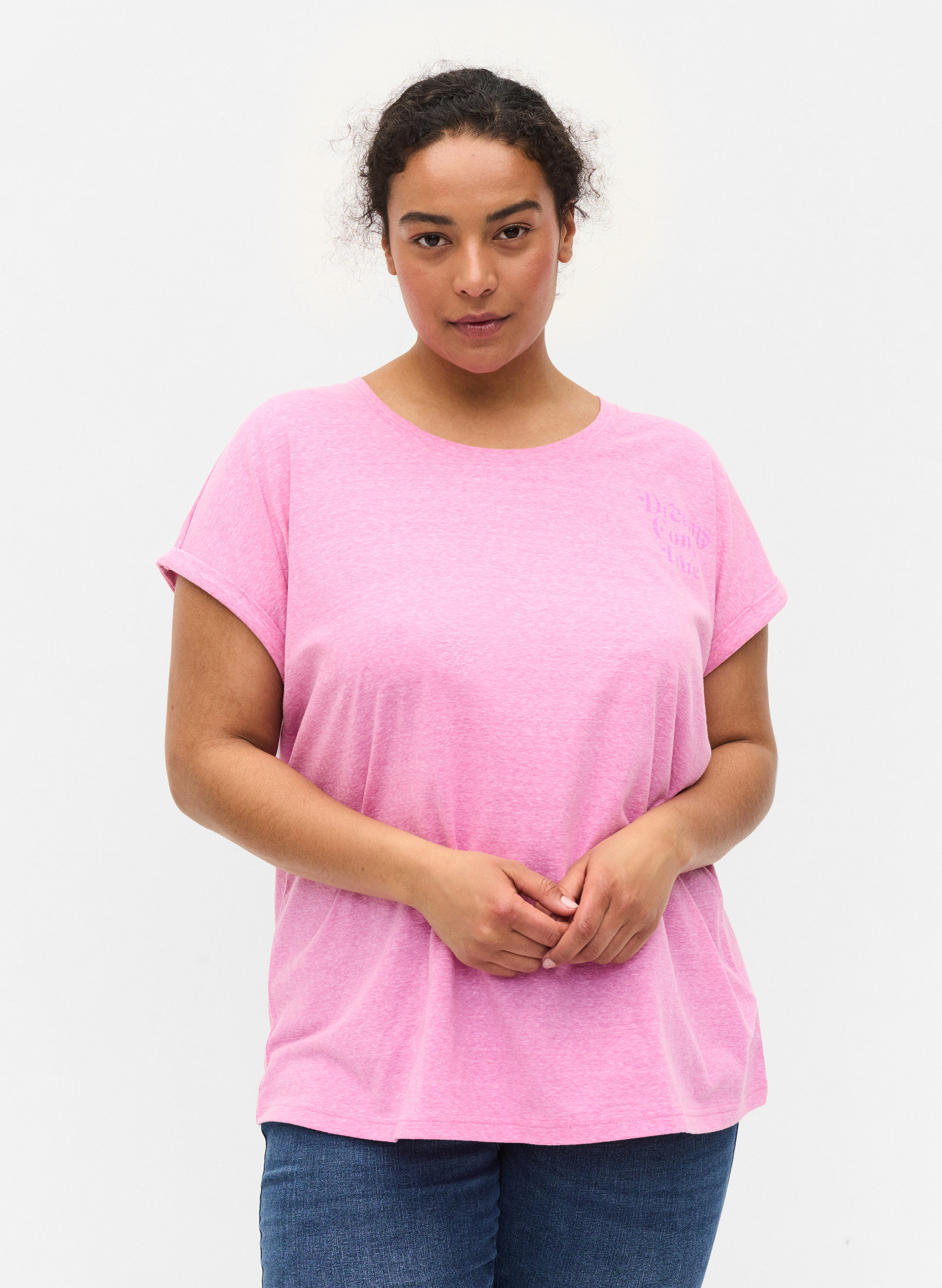 Meleret t-shirt i bomuld, Cyclamen Melange, Model image number 0