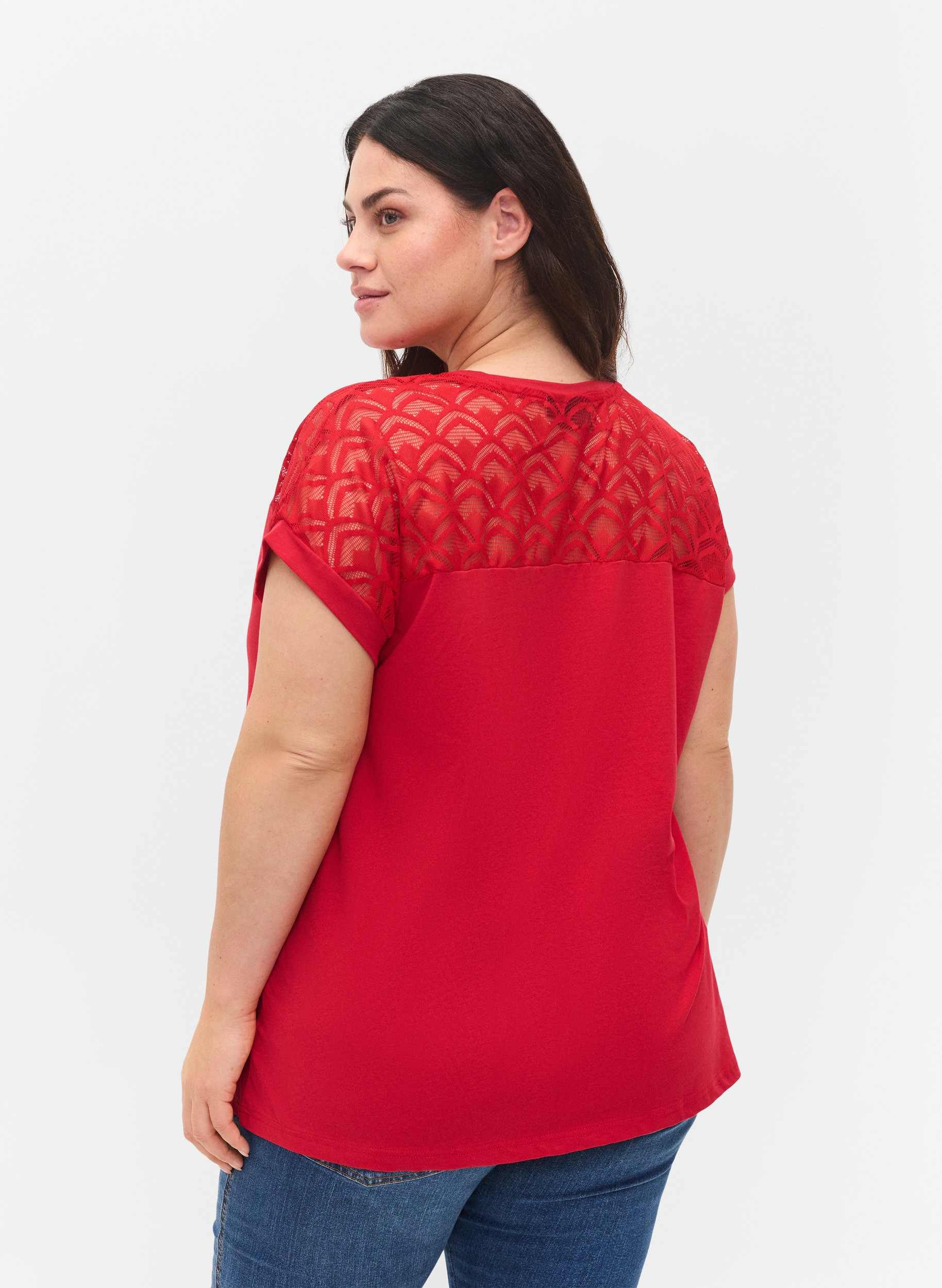 Kortærmet bomulds t-shirt med blonder, Tango Red, Model image number 1