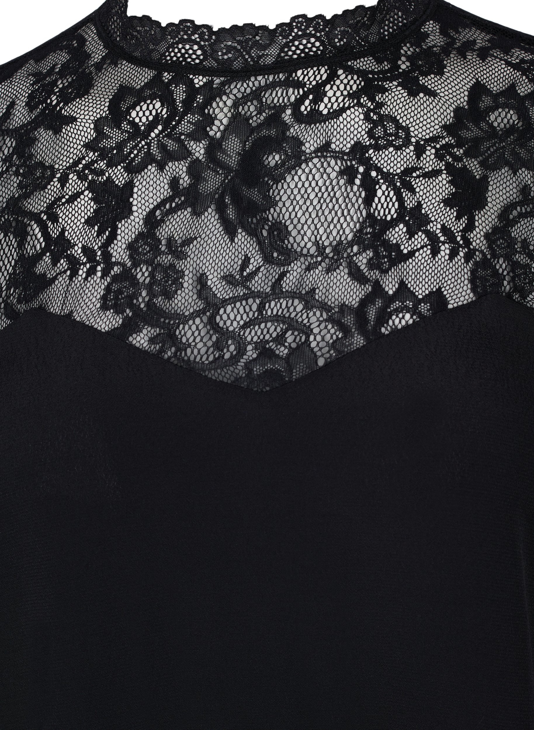 Langærmet viskosebluse med blonder, Black, Packshot image number 2