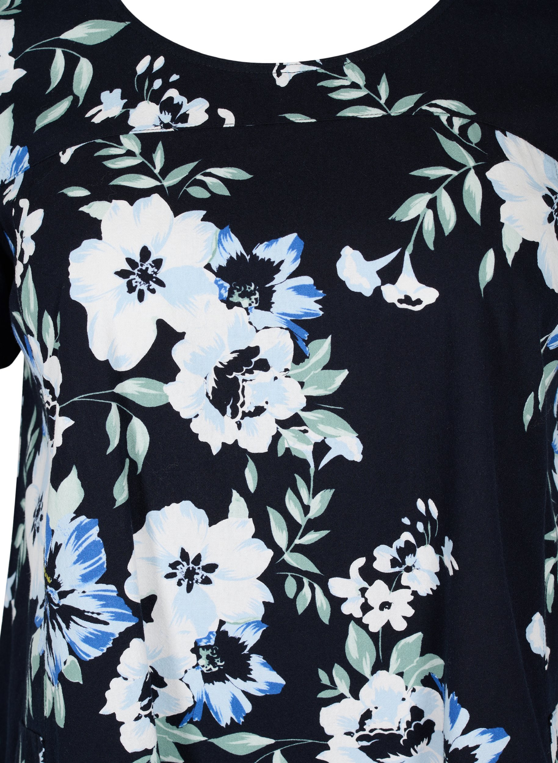 Kortærmet bomuldskjole med print, Black w.Blue Flowers, Packshot image number 2
