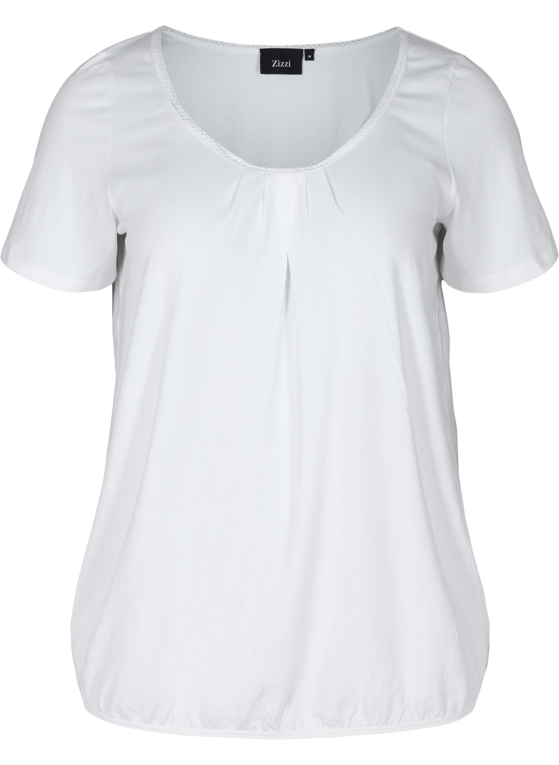 Kortærmet t-shirt med rund hals og blondekant, Bright White, Packshot image number 0