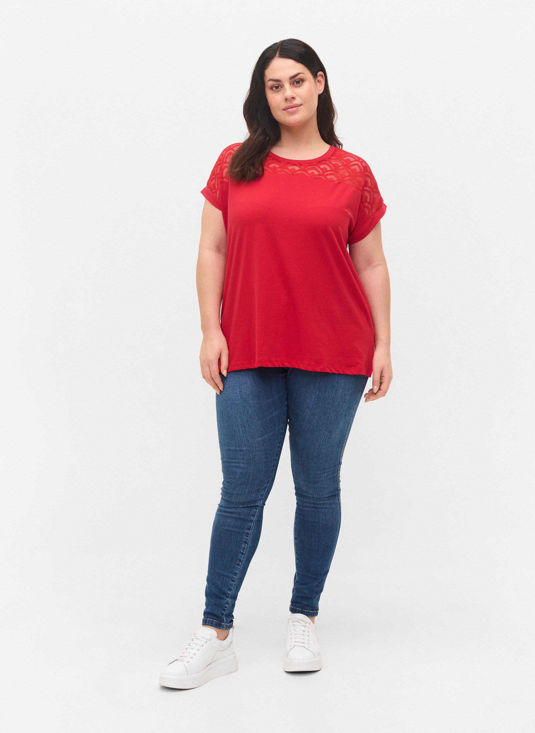 Kortærmet bomulds t-shirt med blonder, Tango Red, Model image number 2