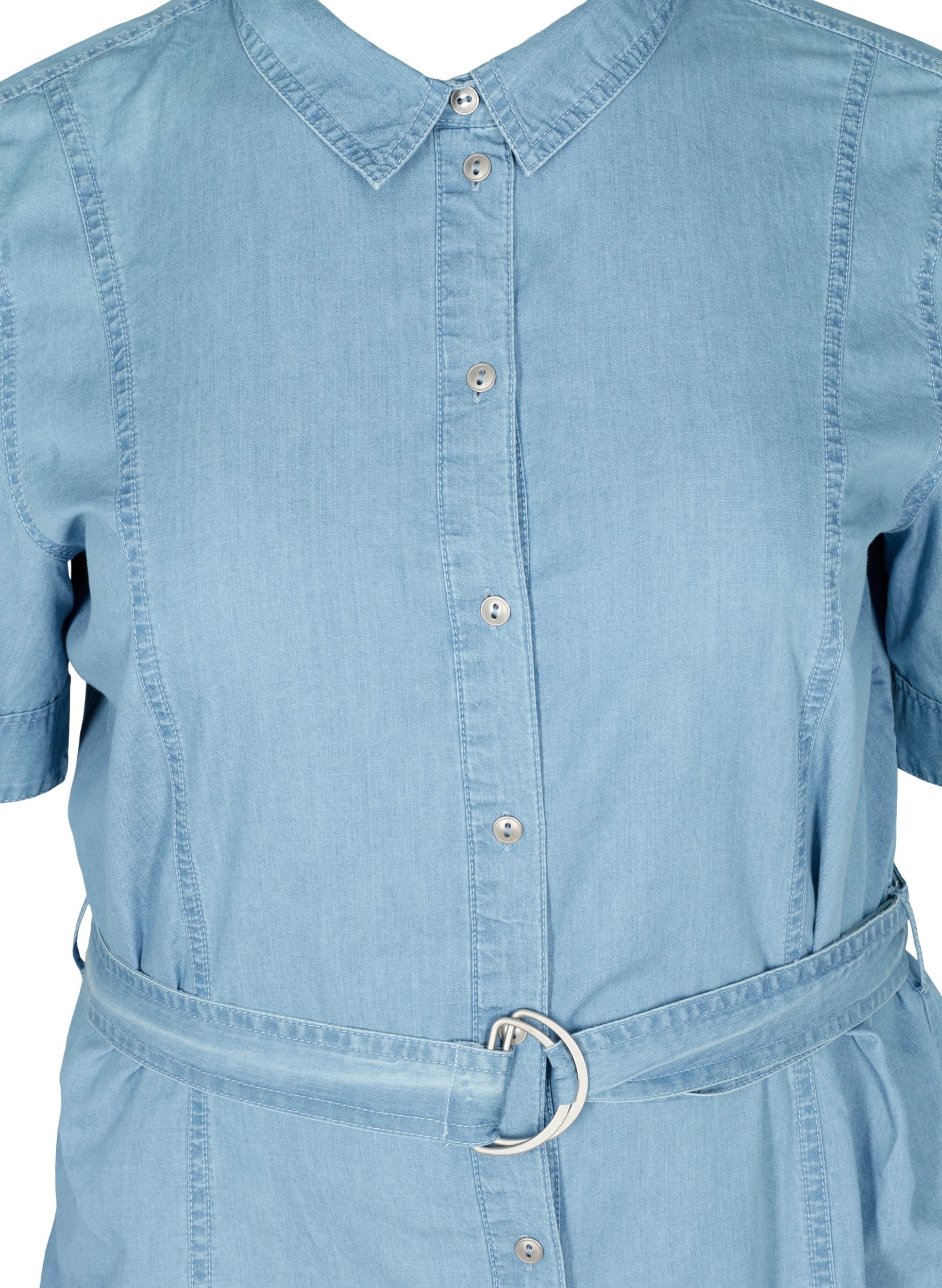 Kortærmet denim skjortekjole med bælte, Light blue denim, Packshot image number 2