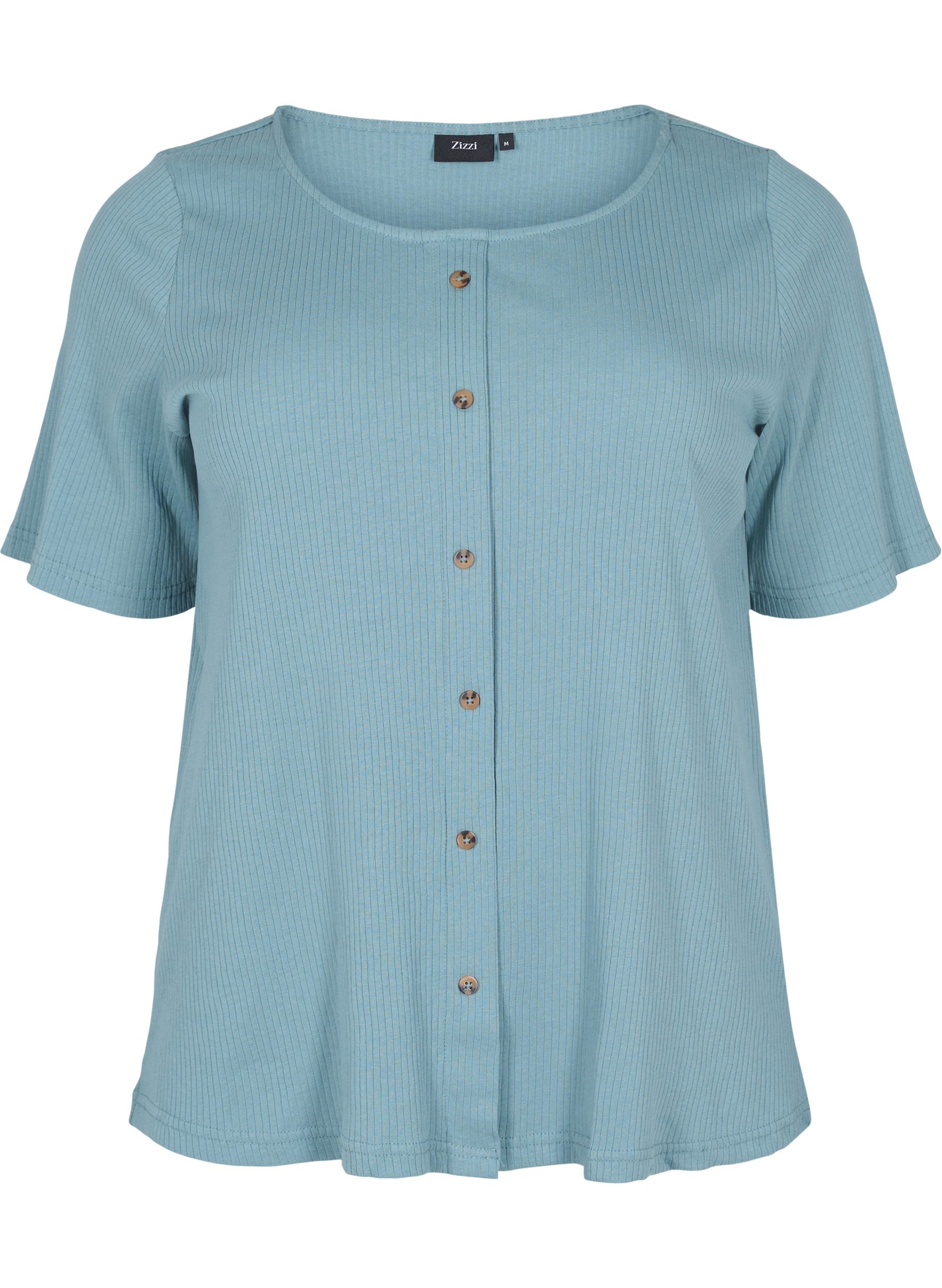 Kortærmet rib t-shirt med knapper, Goblin Blue, Packshot image number 0