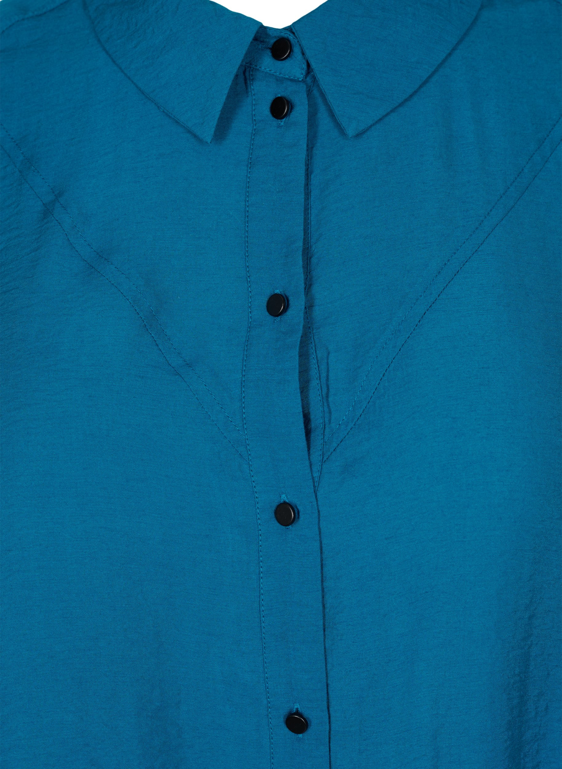 Lang ensfarvet skjorte i viskosemix, Moroccan Blue, Packshot image number 2