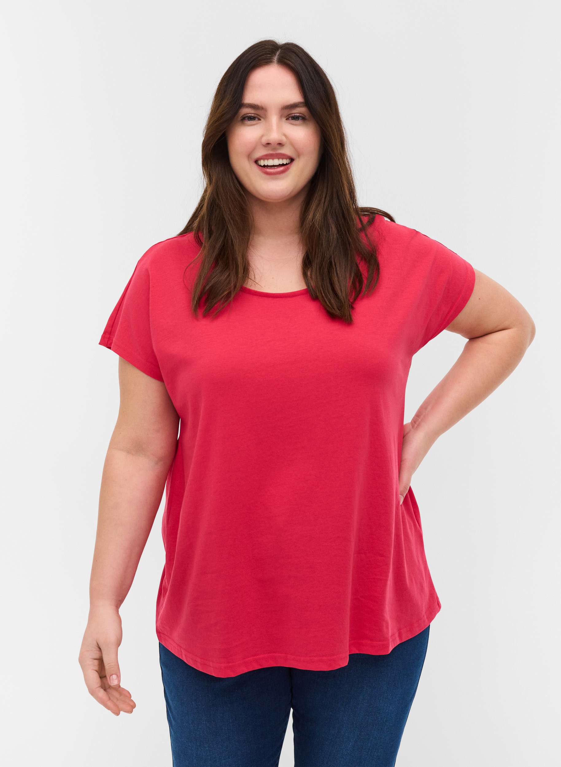 T-shirt i bomuldsmix, Raspberry, Model