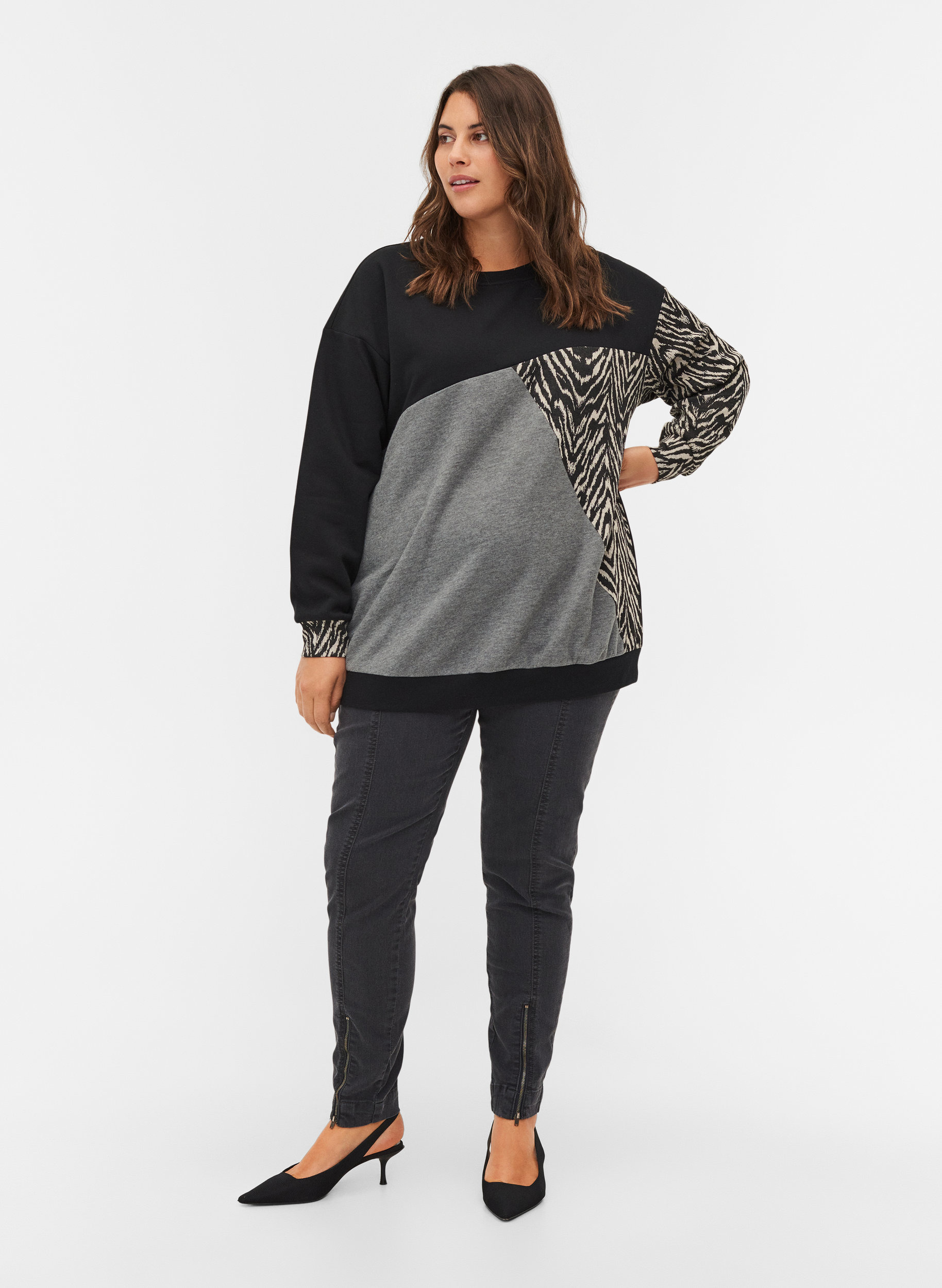 Sweatshirt med printdetaljer, Black Grey Zebra, Model image number 2